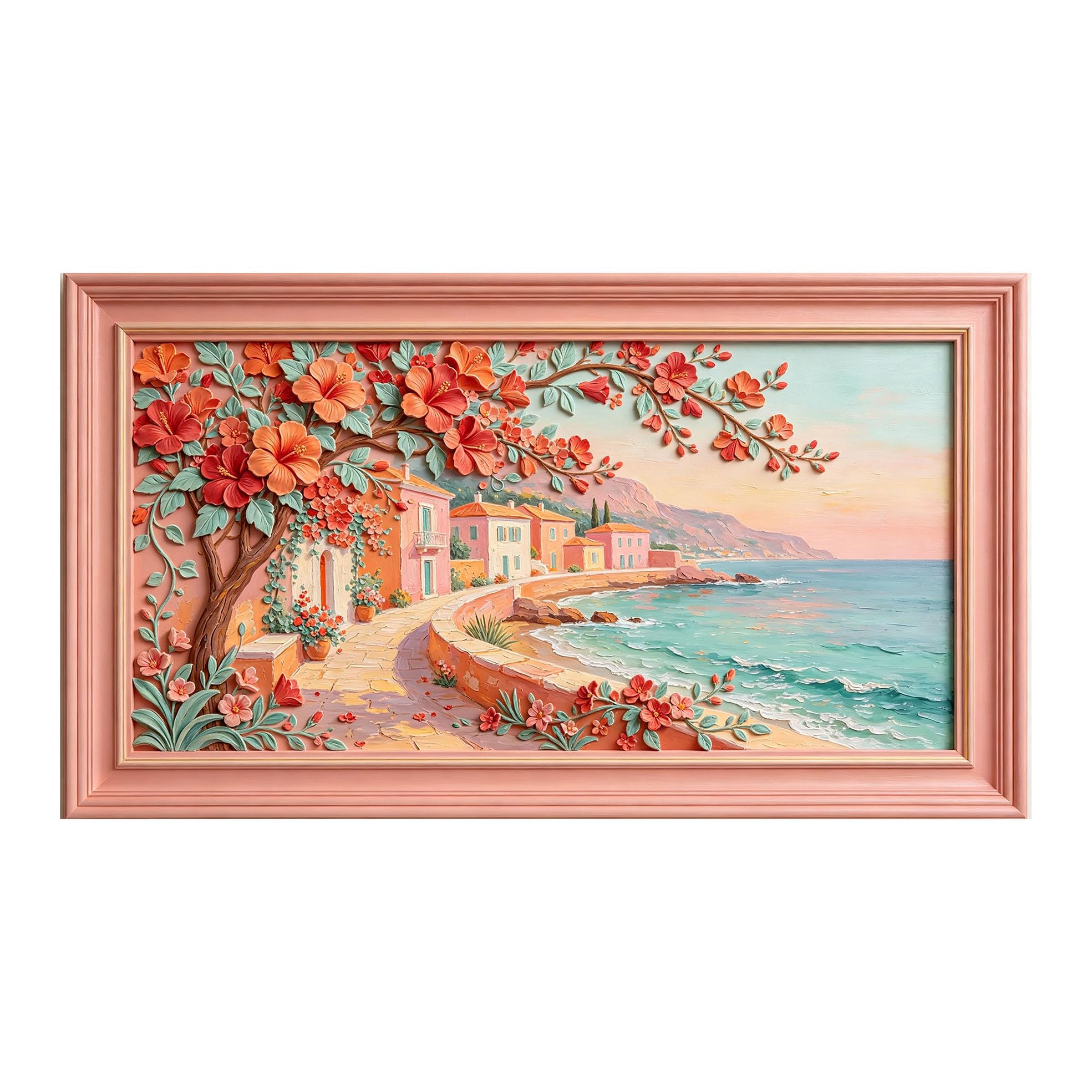 Murasolite 3D Framed Wall Art Mediterranean Coastal Village Floral Relief Oil Painting SelfAdhesive Fabric Mural Wall Decor,No Damage to Wall,AntiFall Safe Design for Bedroom Living Room