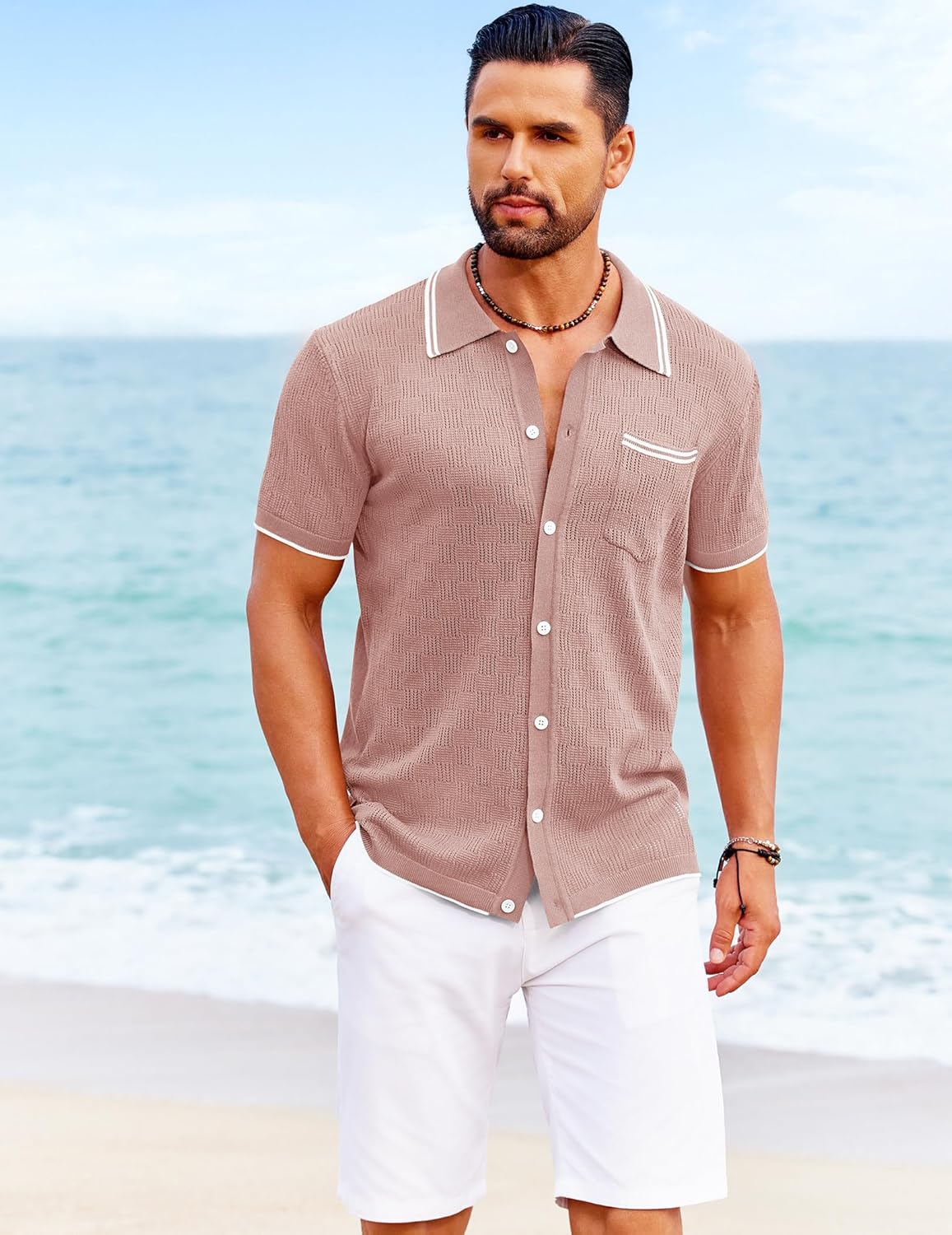 COOFANDY Men's Knit Button Down Shirt Vintage Polo Shirts Short Sleeve Summer Beach Shirts - Image 2