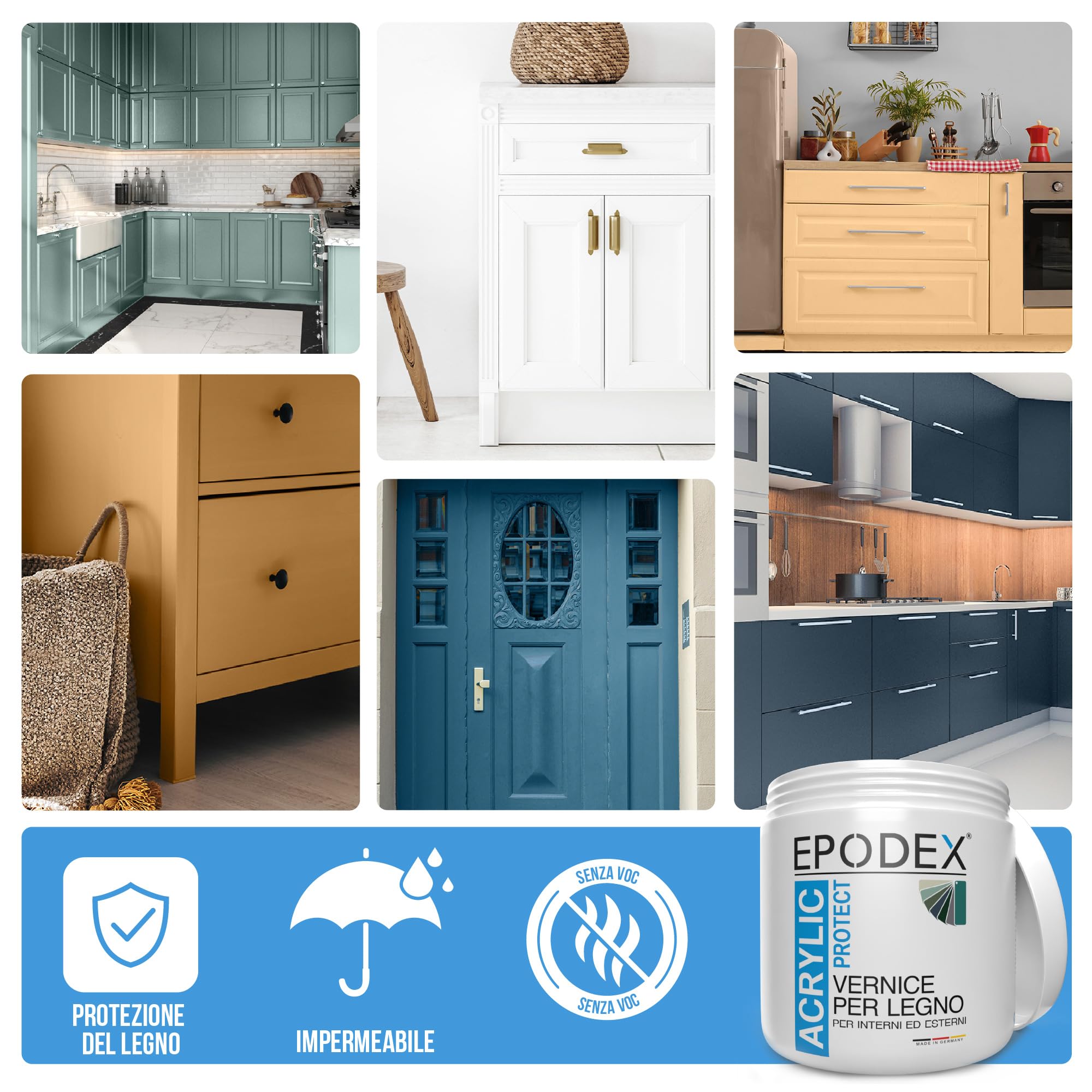 EPODEX ACRYLIC PROTECT Vernice per Mobili - Forest Pastel | Smalto per Legno, Porte e Frontali Cucina, a Base d'Acqua, Resistente all'Abrasione, 1kg (8m² per una mano)