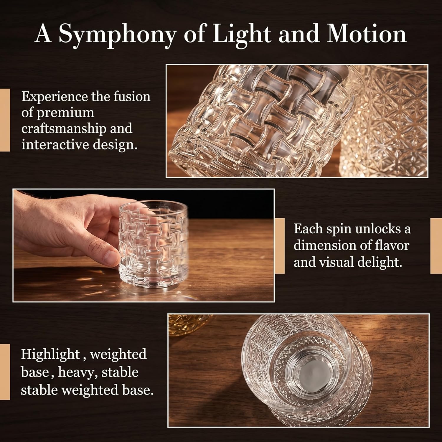 360° Spinning Crystal Whiskey Glass, Spinning Old Fashioned Tumblers with Stress-Relief Base, Luxury Gift for Scotch, Bourbon, Cocktail Lovers (Grid Pattern)