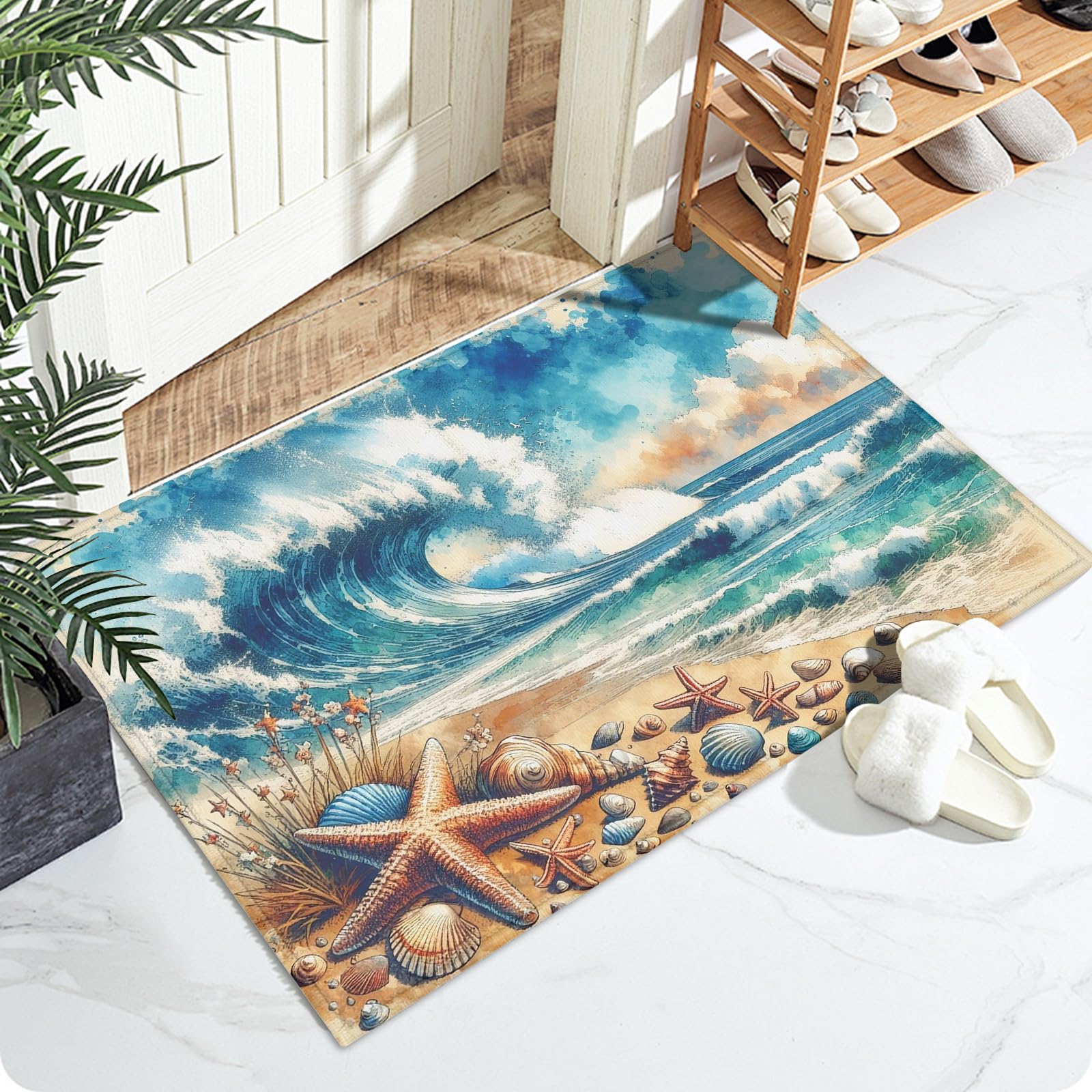 Beach Starfish Wave Bath Mat for Bathroom,Washable Door Mat Absorbent Bath Rug Non-Slip Floor Rug Carpets,for Kitchen Bedroom Indoor