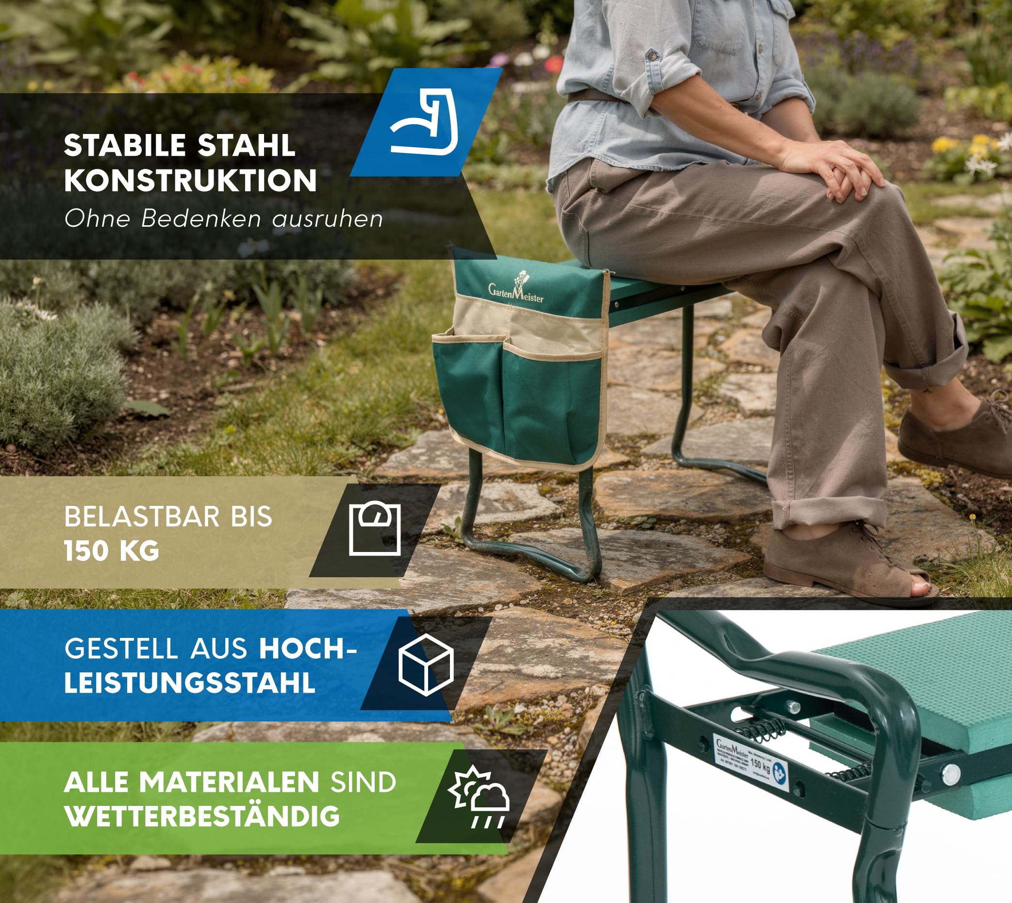 Westmann Multi Garden Stool with Kneeler, Folding Knee Aid for Gardening, Includes Tool Bag, 150 kg Load Capacity, Green Patio, Lawn & Garden