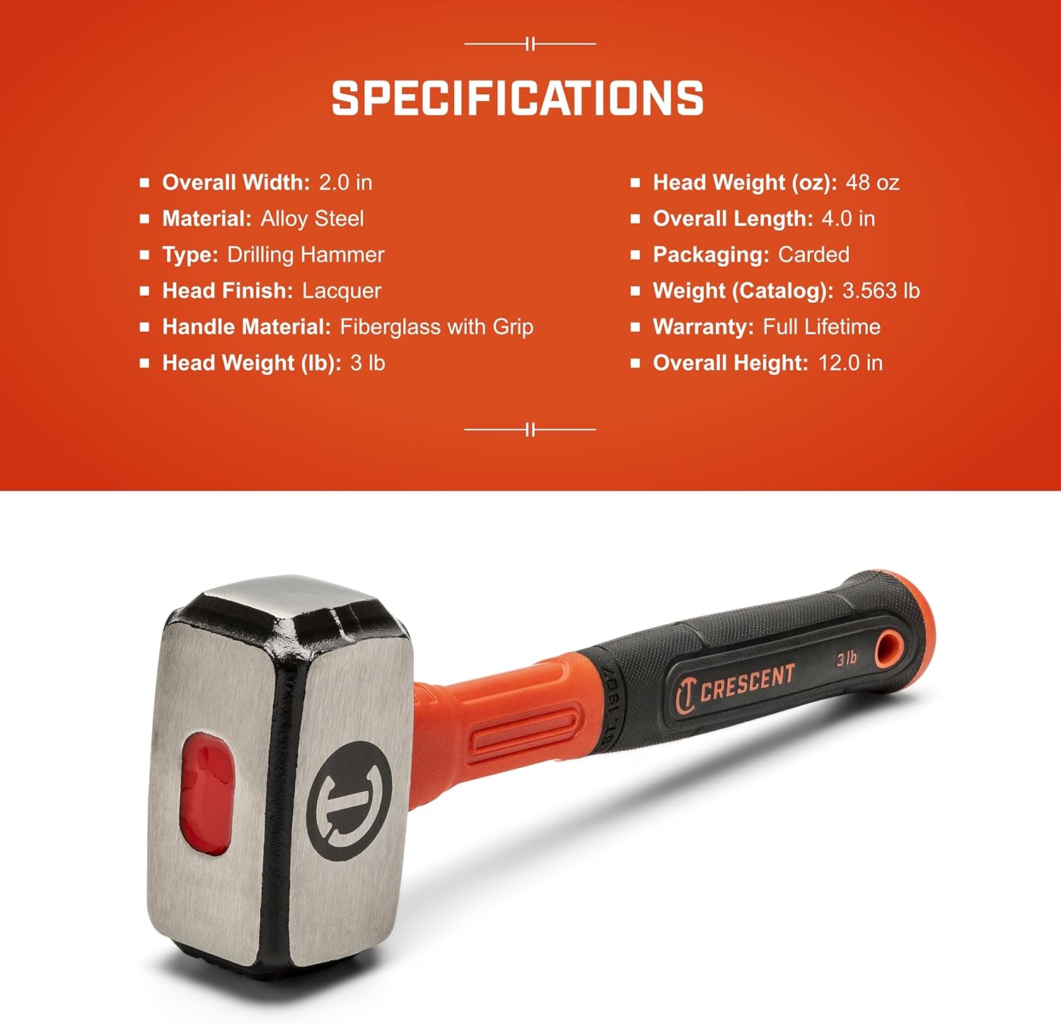 Crescent Fiberglass Drilling Hammer - Heavy Duty Construction Hand Tool for Home Improvement & Repair - 3 Lb - CHFDRL48