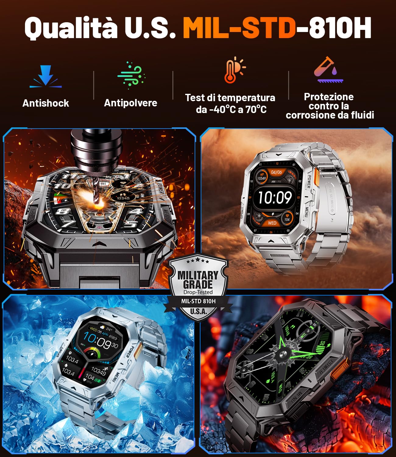 Smartwatch Uomo Militare 1000mAh 50 Giorni Batteria 2.13" AMOLED Schermo Chiamata Impermeabile 10ATM Contapassi/Bussola/Frequenza Cardiaca/Podometro Android iOS Sportive Orologio Smartwatch Uomo