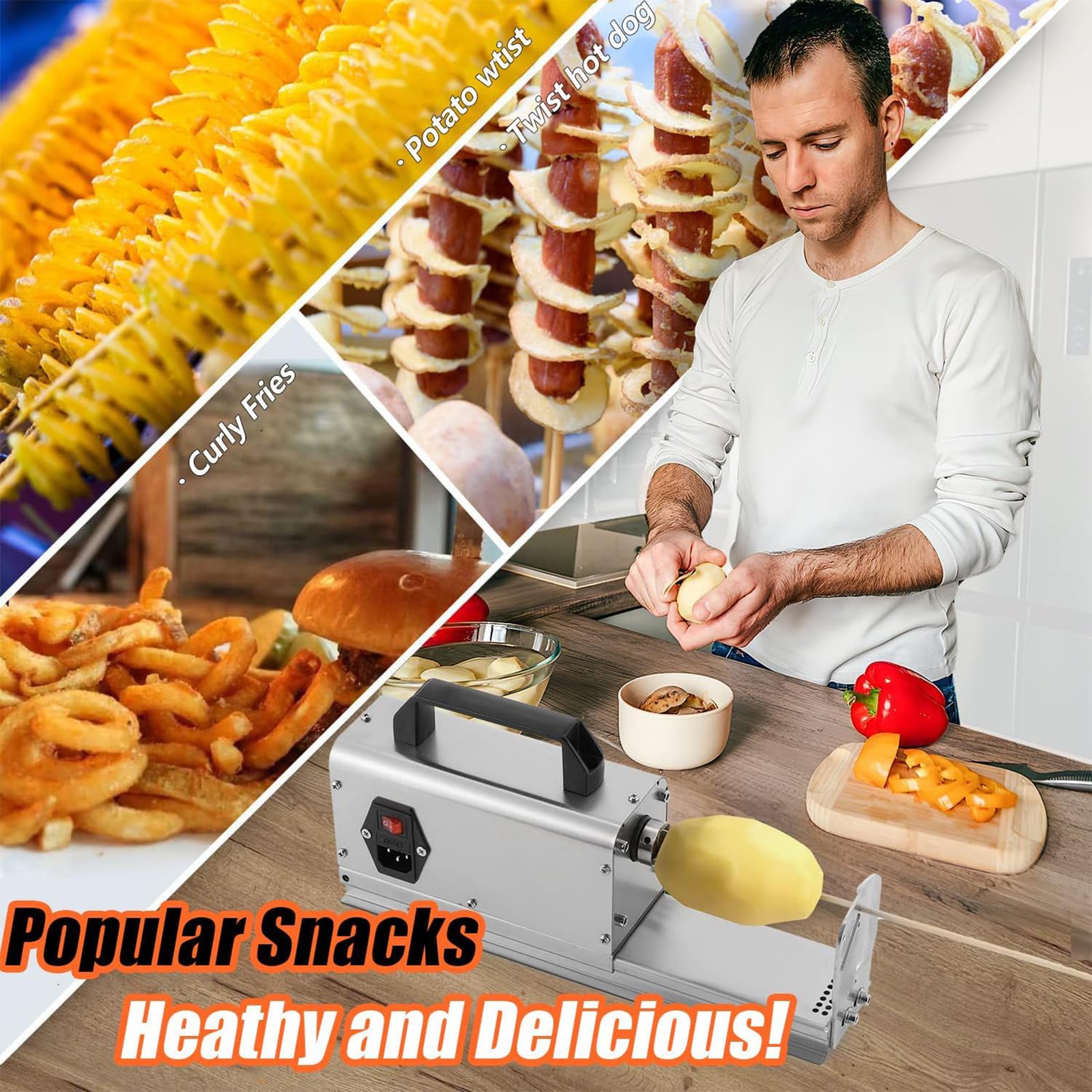 Cortador de papas fritas eléctrico, rebanadora de espiral de papa comercial | varilla de empuje fija, mango ergonómico, cuchilla afilada de acero inoxidable reemplazable, zanahorias, pepinos, perro ca