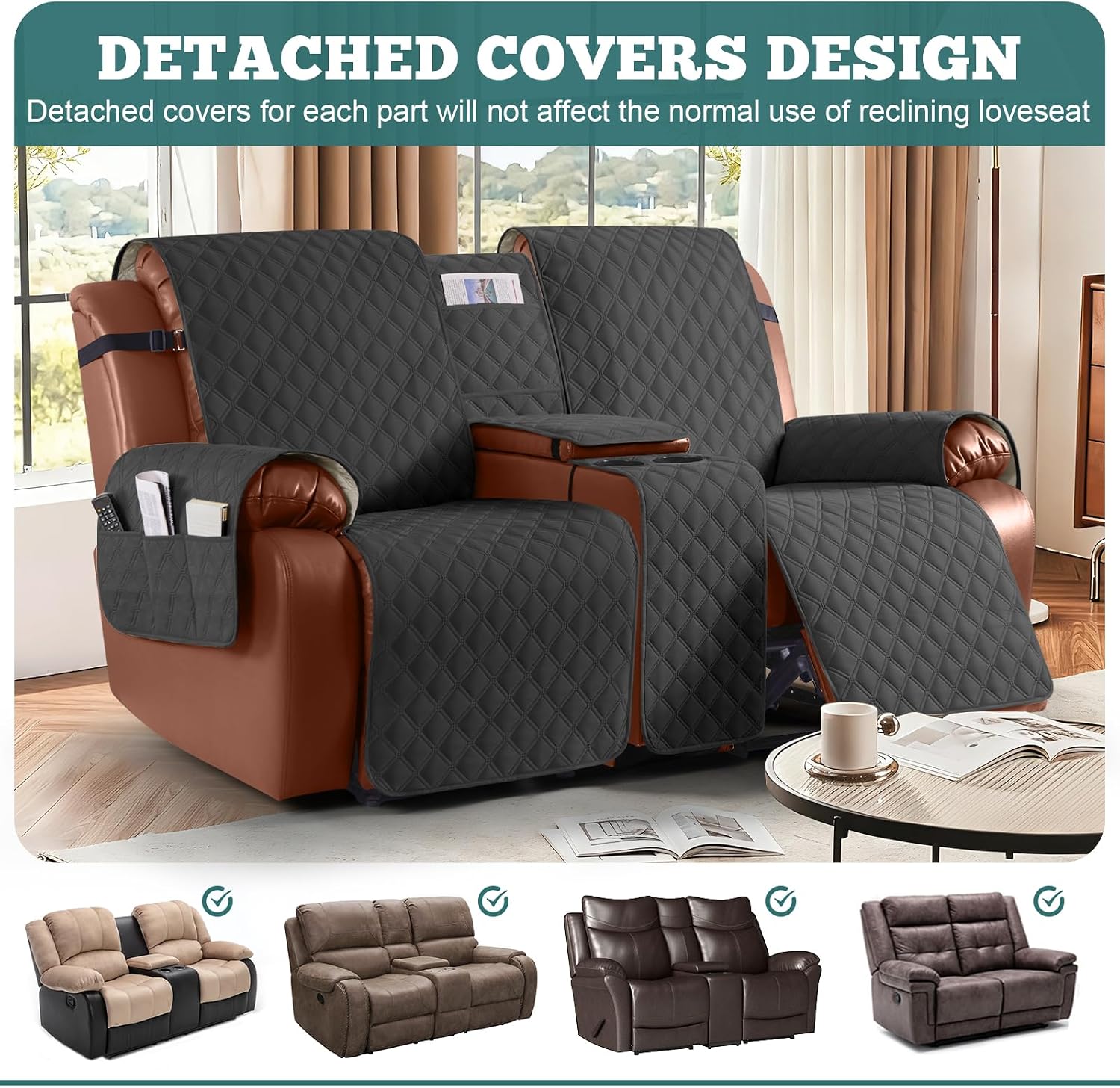 Ruaozz Waterproof Loveseat Recliner Cover with Console Non-Slip Reclining Couch Covers Split Sofa Slipcovers with Elastic Straps Furniture Protector for Kids, Dogs, Pets (Charcoal Grey,2 Seater)