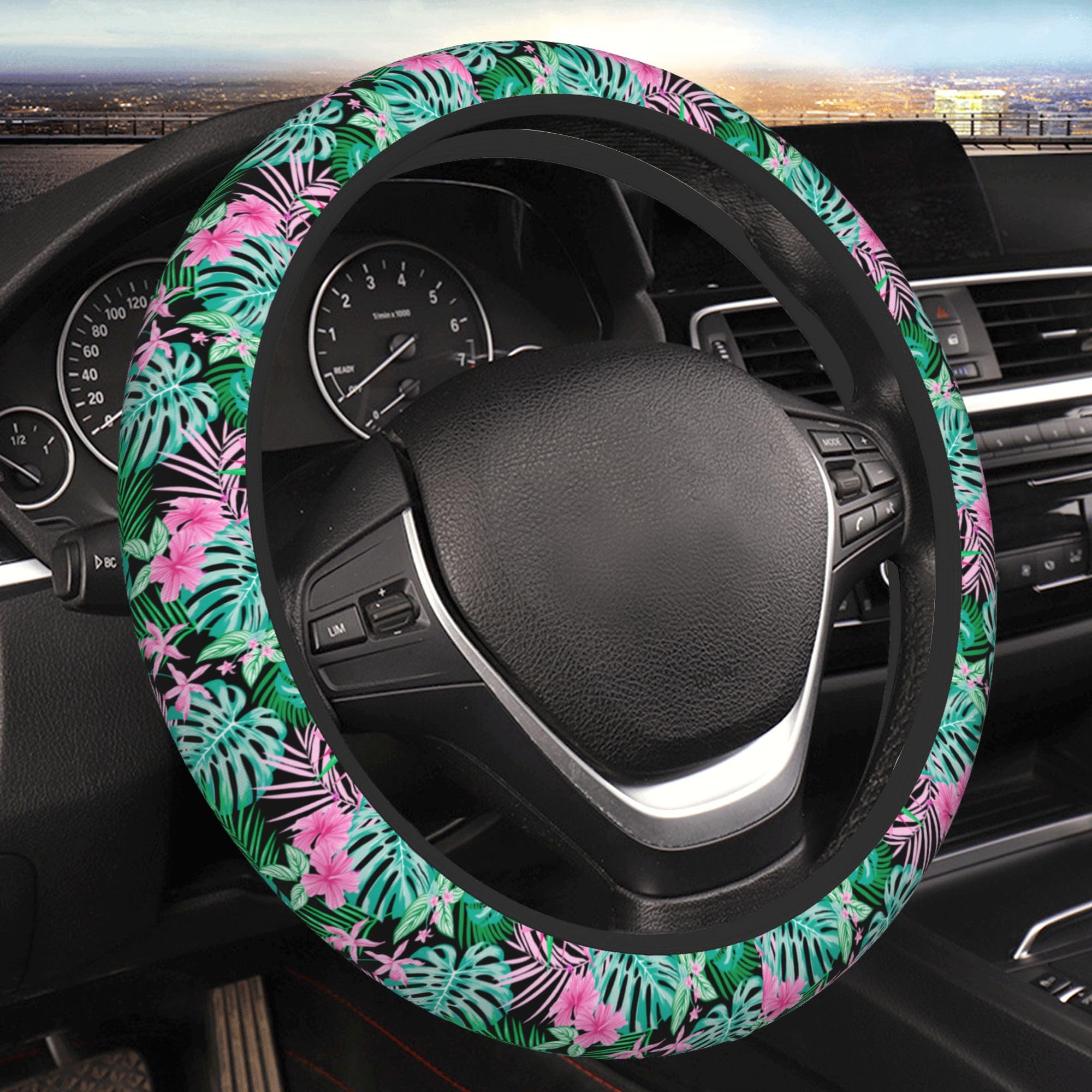 Pink Hawaiian Flower Steering Wheel Cover Neoprene Material Most Cars Women Grils Universal 15 inch Non-Slip Spring Summer Floral Steering Wheel