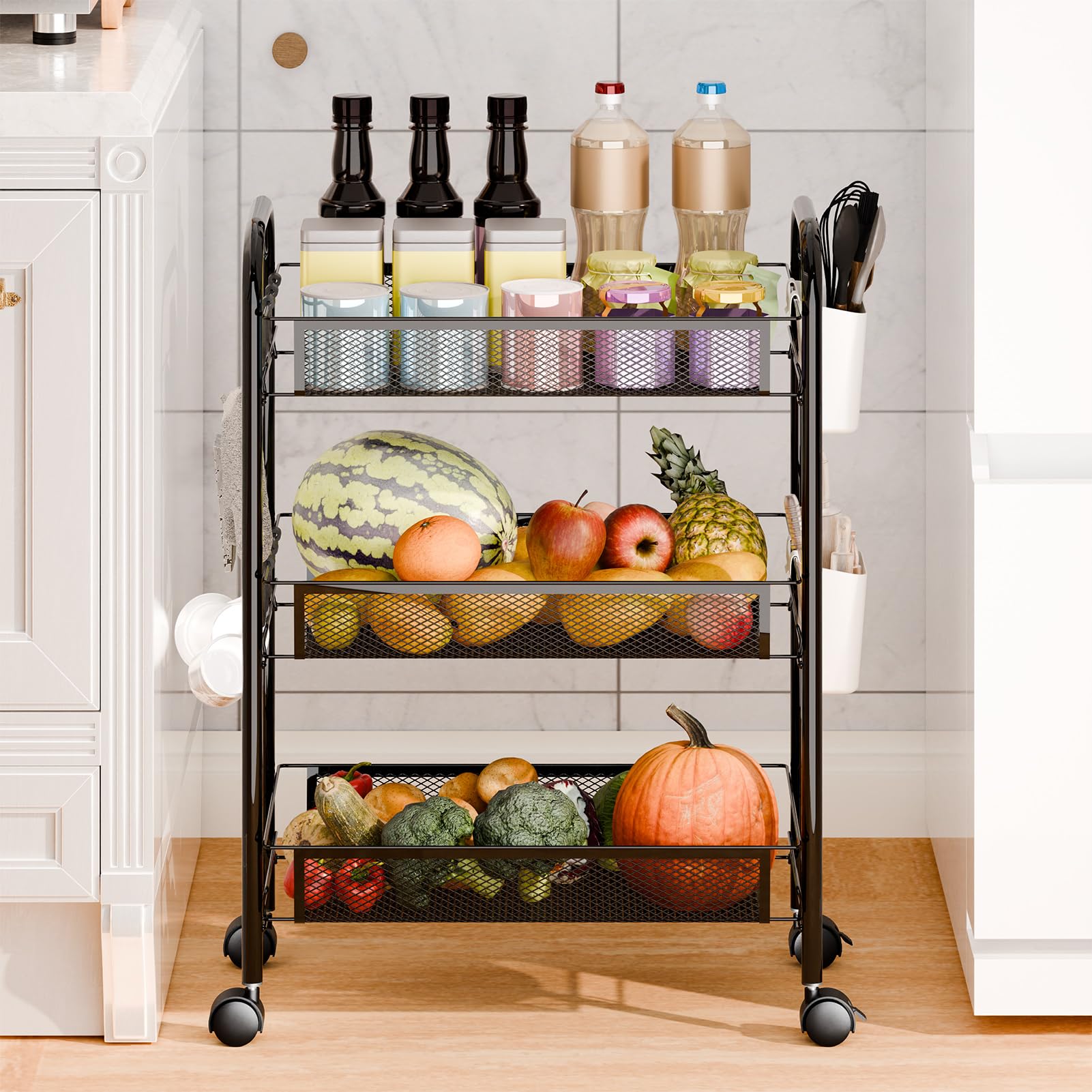 Carrello impilabile a 5 ripiani in rete metallica con ruote a 360°, cestino per frutta e verdura alto 104 cm, per cucina, dispensa e bagno, nero