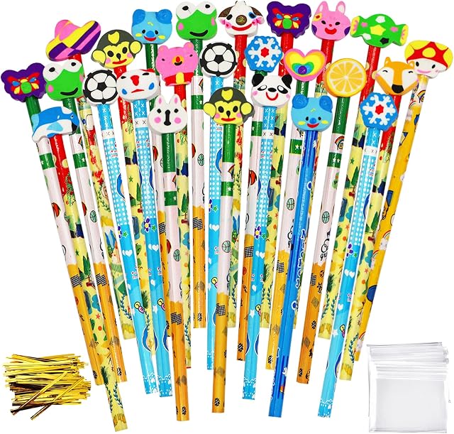 Yeelua Novelty Pencils for Kids with Erasers Toppers, 25 Pcs Funky Bulk Pencils with Rubbers on The End, Cute Wooden Pencils for Girl, Childrens Cartoon Animals Unchewable Pencil Party Bag Fillers