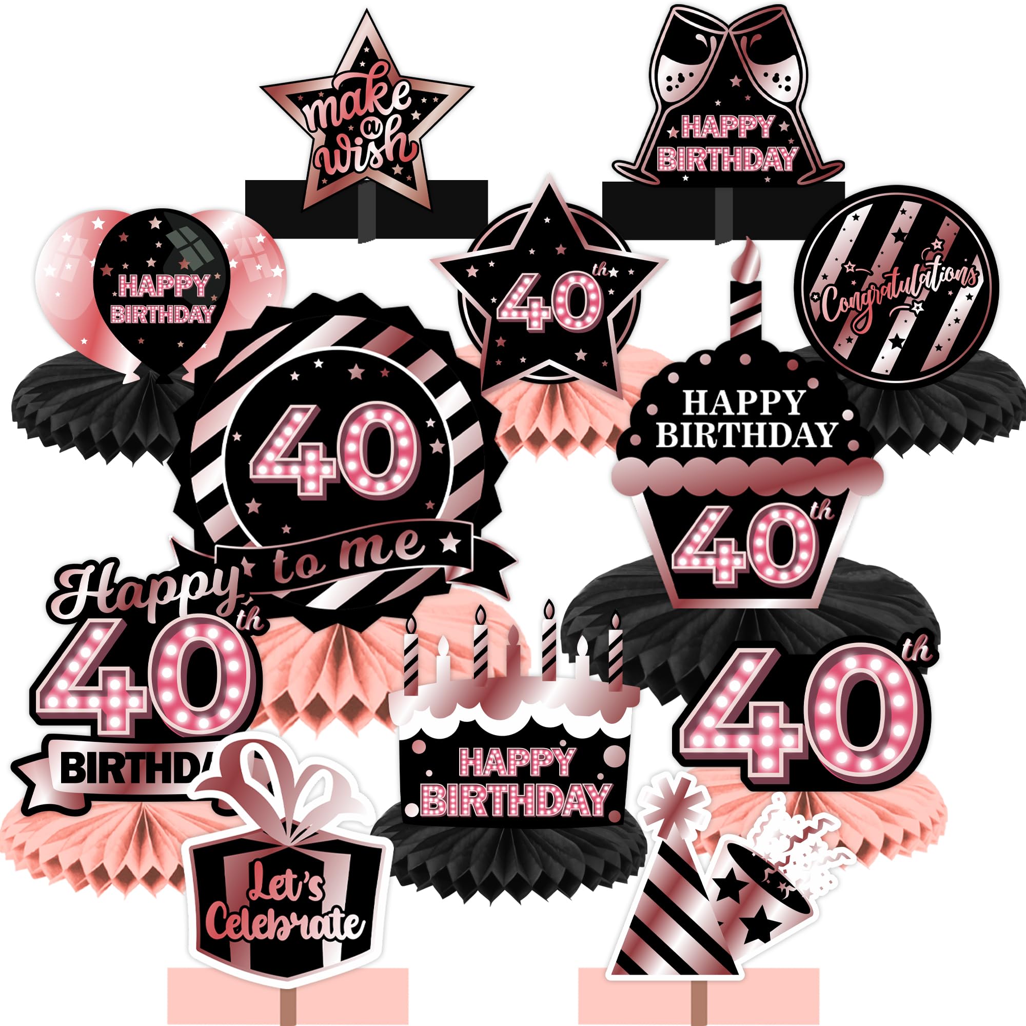 Happy 40th Birthday Rose Gold and Black Table Honeycomb Centerpieces Balloons Theme Decor Table Decorations Table Toppers for Girls Women Princess 40 Years Old Birthday Party Bday Supplies Background