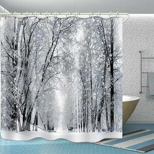 Miniatura 7 de WODEJIA Cortina de ducha de tela con arte de Navidad, bosque de nieve impreso para baño, bosque de nieve, cortinas de inodoro anchas impermeables