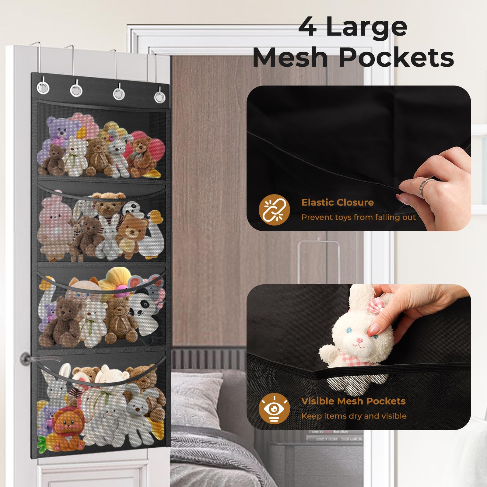 Cookmaster Stuffed Animal Storage with 4 Large Pockets, Over The Door Organizer Storage - Image 4