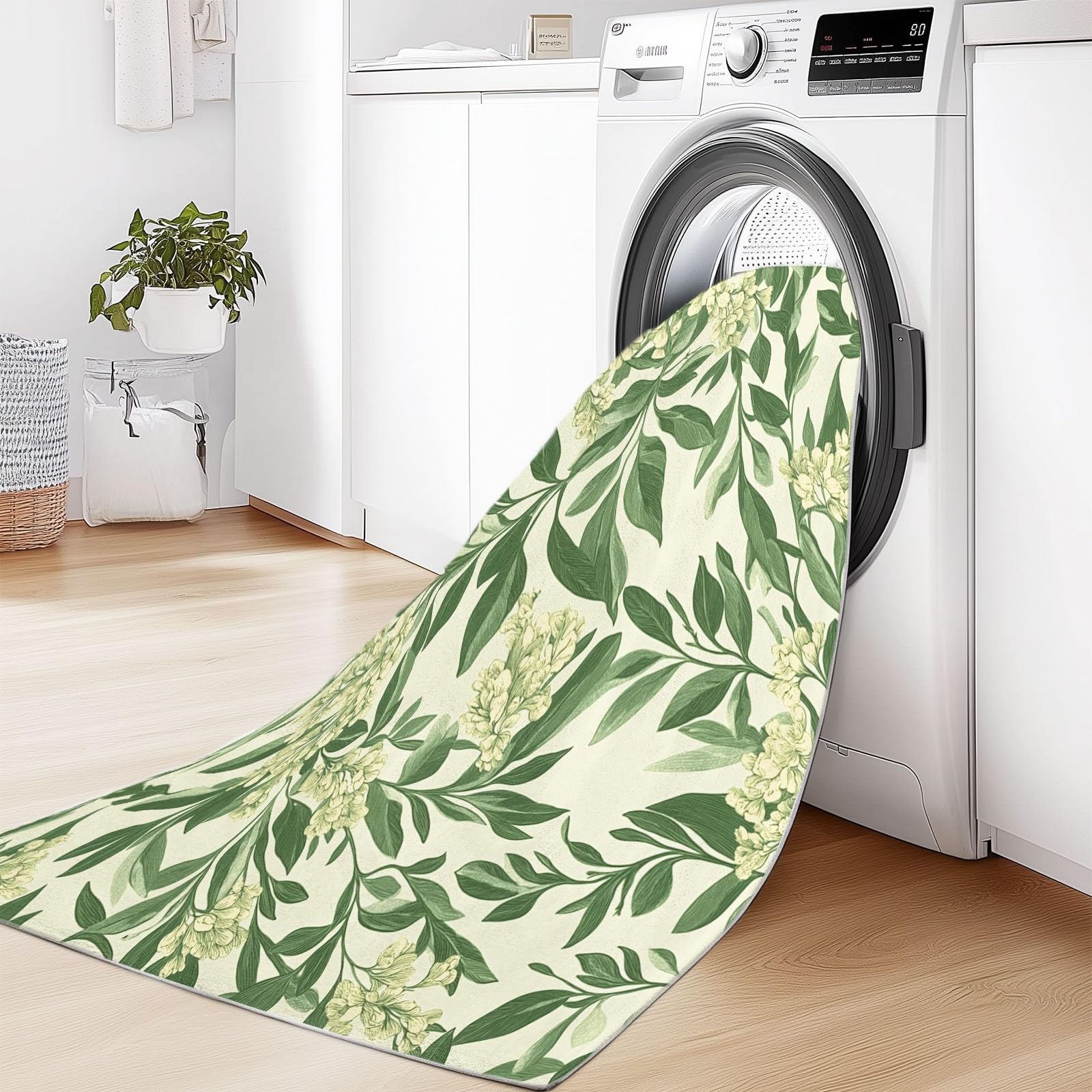 Générique Tapis 160 x 230 cm Salon Chambre à Coucher Bureau, Doux et Antidérapant Lavable en Machine Tapis Décoratif Intérieur Motif Plantes Vert Sauge et crème