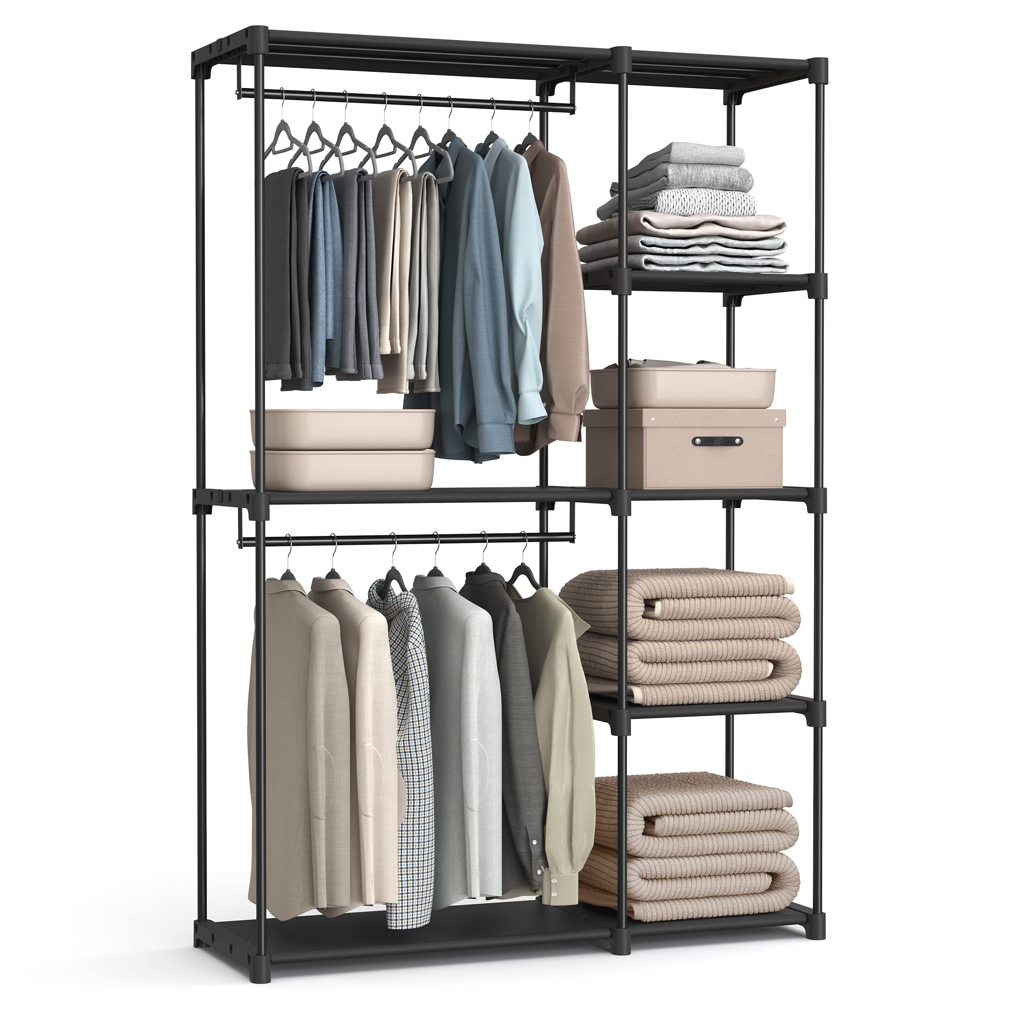 SONGMICS Portable Closet, Freestanding Closet Organizer, Clothes Rack with Shelves, Hanging Rods, Storage Organizer, for Cloakroom, Bedroom, 48.8 x 16.9 x 71.7 Inches, Black URYG026B02