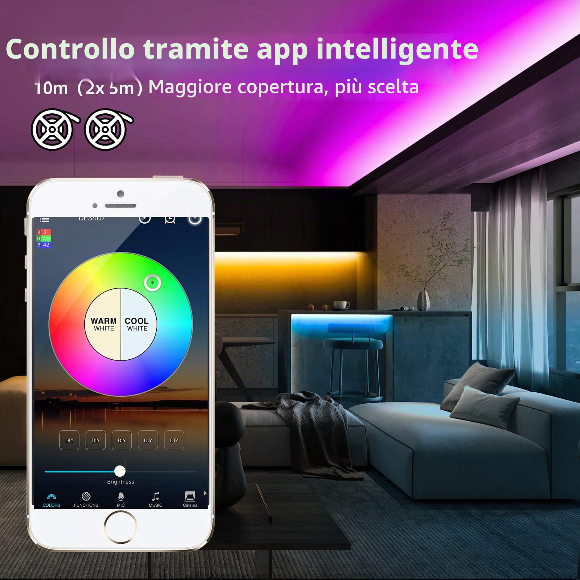 Kit di strisce LED WiFi RGBW GIDEALED da 10 m, controllo RGB+Bianco caldo tramite app, striscia luminosa LED RGB a cambiamento di colore, sincronizzazione musicale Alexa, controllo vocale, compatibile