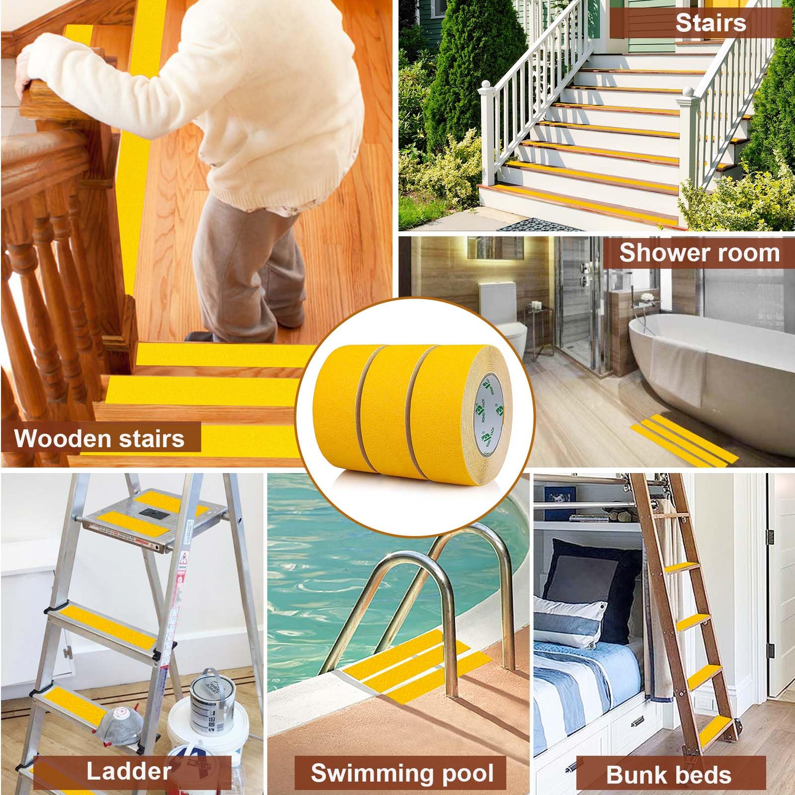 BOMEI PACK Lot de 3 rouleaux de ruban adhésif antidérapant pour marches d'escalier Jaune 50 mm x 10 m