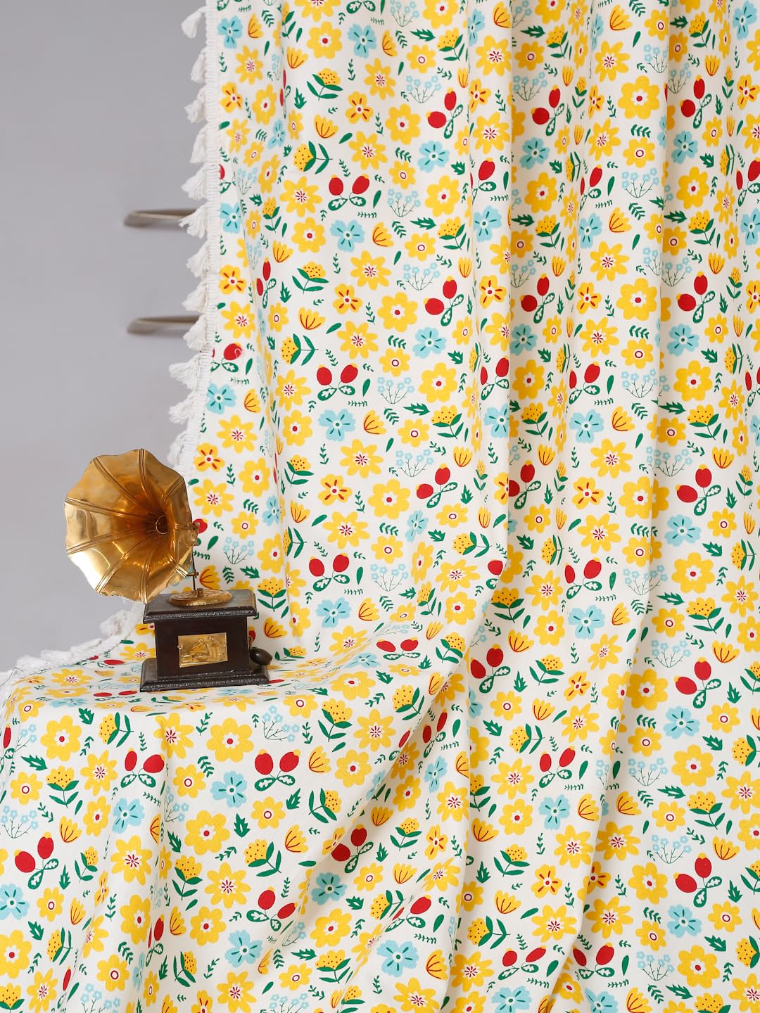 Cortina 100% Cotton, Bohemian Tasseled Floral Print, Room Darkening Curtains for Window (with Back Tabs) - 5 Feet, Yellow, 2 Piece (Length 150 cm)