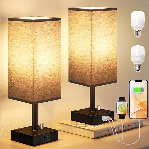 Juego de 2 lámparas de mesita de noche totalmente regulables, color negro, con puertos de carga USB C+A y 2 salidas de CA, juegos de lámparas