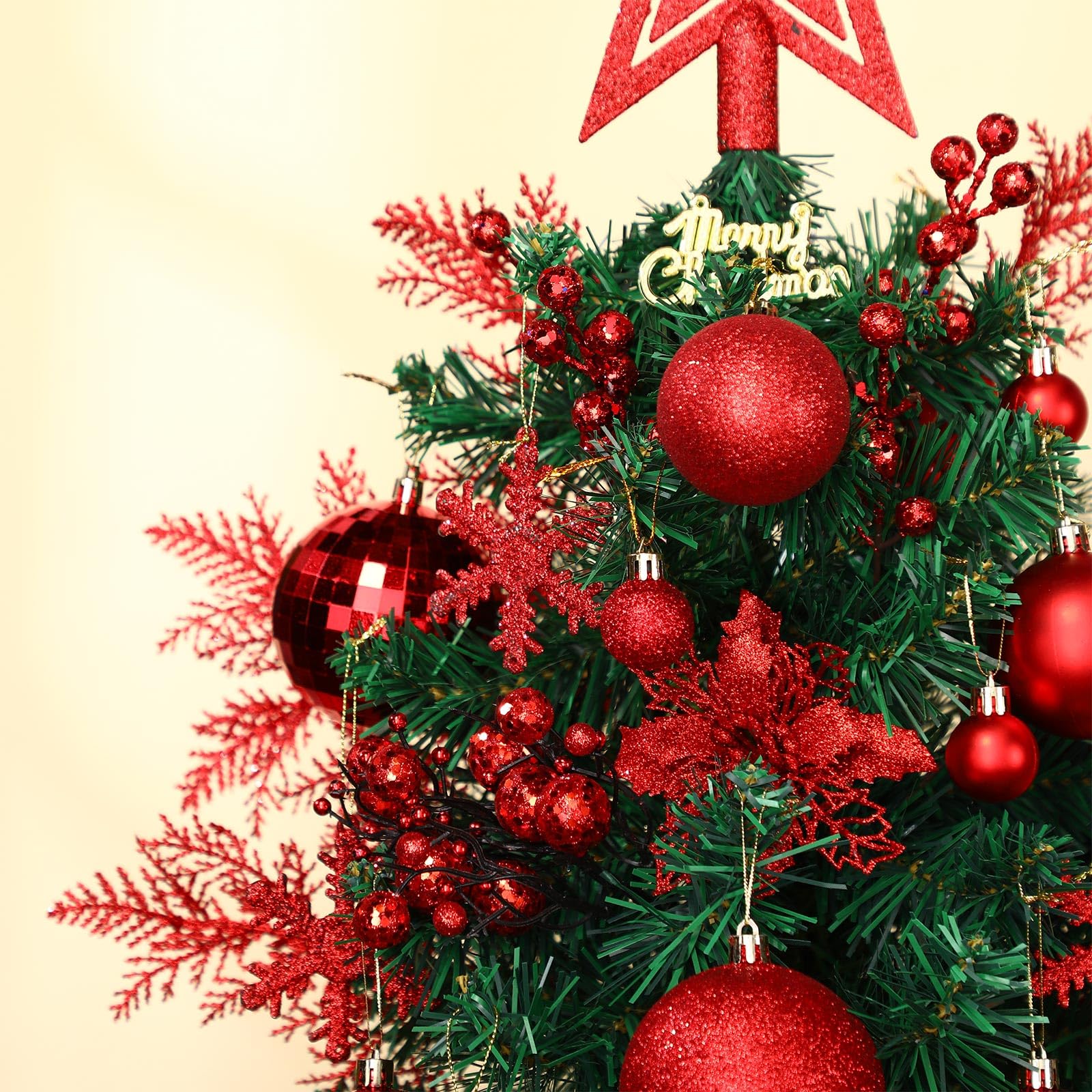 Lot de 94 décorations de sapin de Noël comprenant des boules de Noël à paillettes - Poinsettia - Fleurs de poinsettia à paillettes - Tiges de baies à paillettes pour Noël, vacances, mariage (rouge)