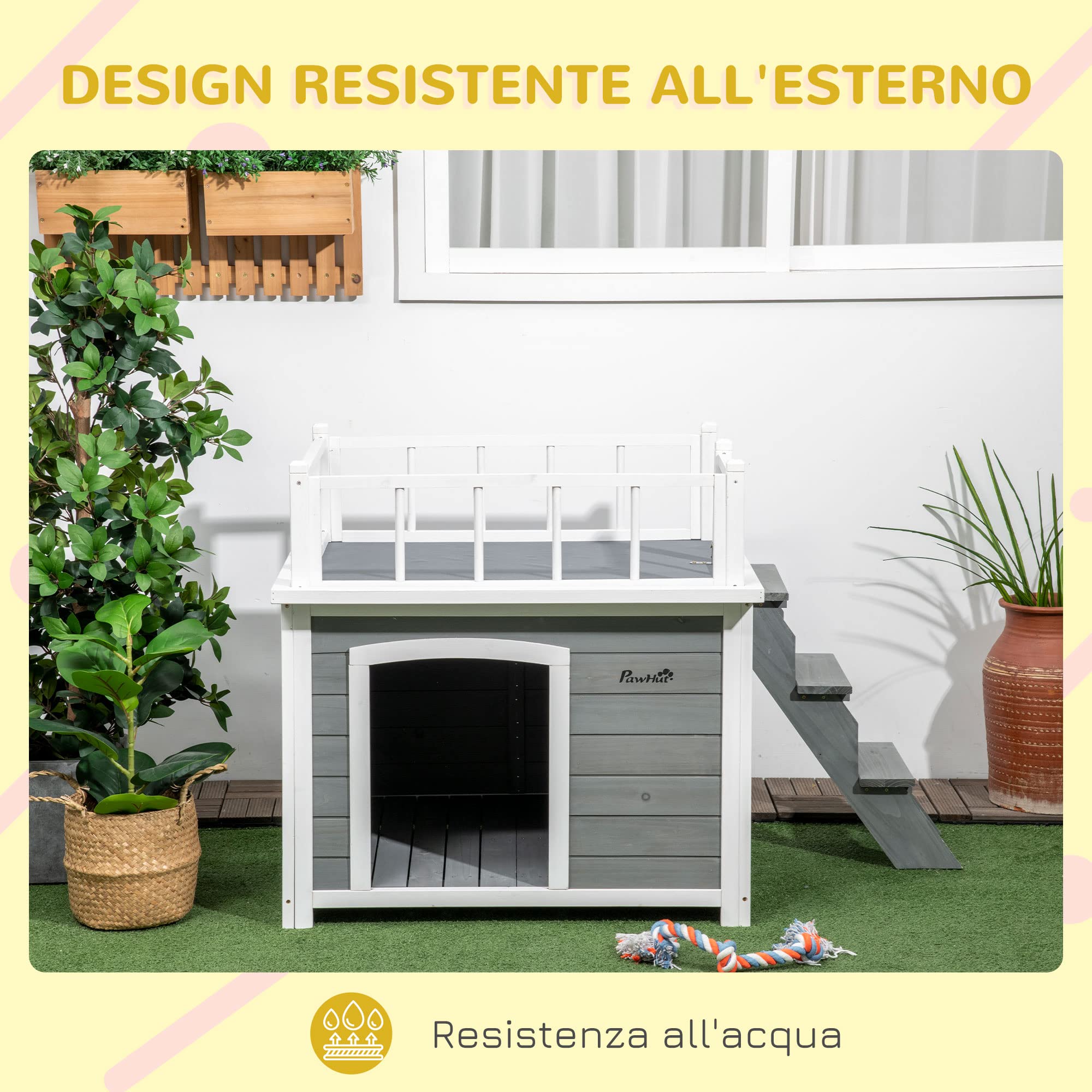 Pawhut Casetta per Cani di Piccola e Media Taglia con Terrazza, Scaletta e Finestra,121x77x78cm, Grigio chiaro
