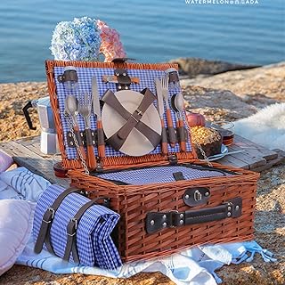 S SMAUTOP Panier de Pique Nique, Panier Pique-Nique Osier Fait 4 Personnes Isolation imperméable et Thermique avec Couverture et kit de Couverts, pour la fête en Plein air ou Le Camping