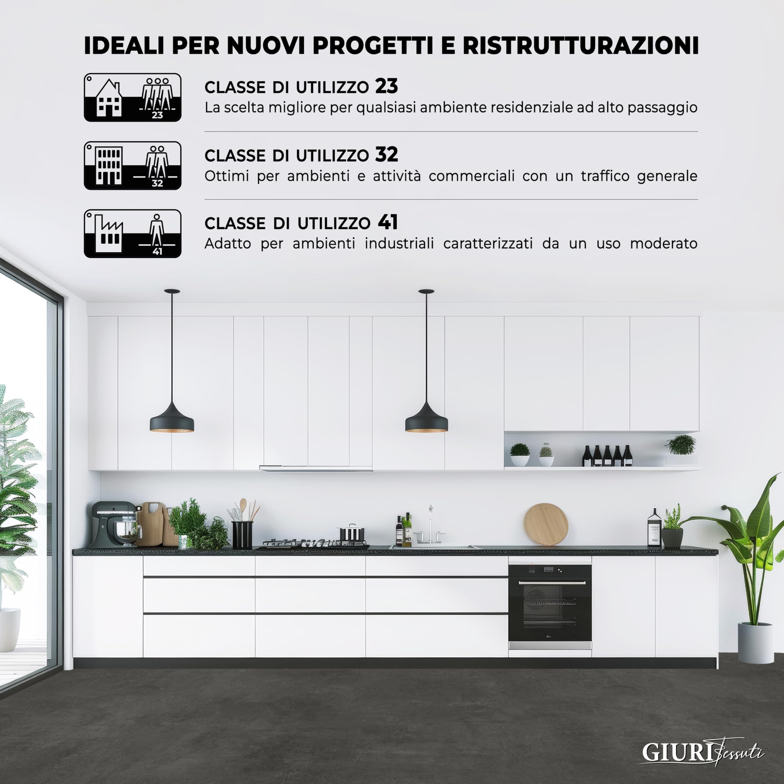 GIURI TESSUTI - Pavimento in PVC - Collezione Prestige - Rivestimento per superfici in Vinile Impermeabile con texture Antiscivolo e supporto Insonorizzante (H. 200 cm, LUNAR DARK)