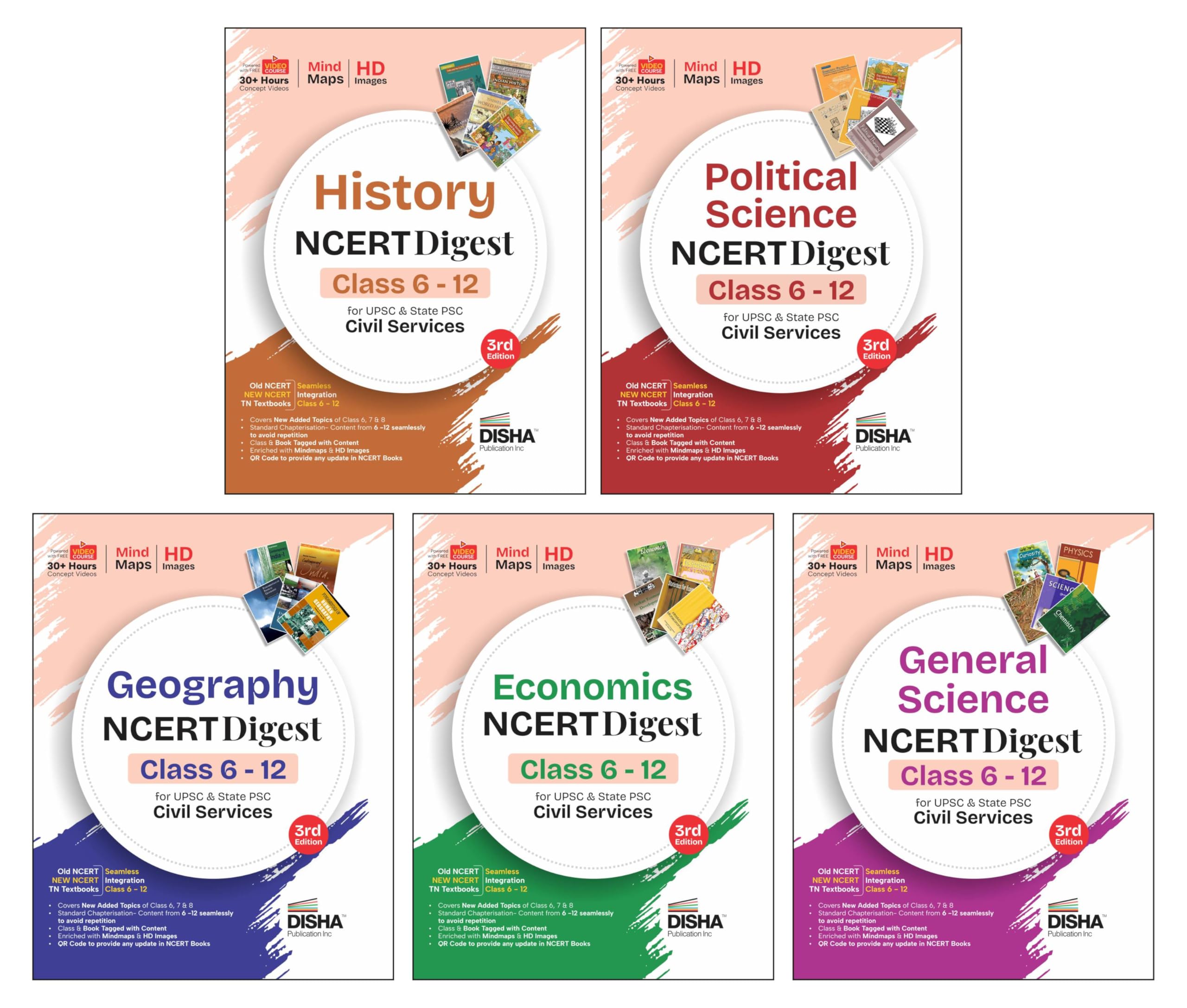 Disha Combo (5 Books) History, Political Science, Economics, Gen Science & Geography NCERT Digest (Class 6 - 12) for UPSC & State PSC Civil Services 3rd Edn | Old + New NCERT + TN | Prelims & Mains