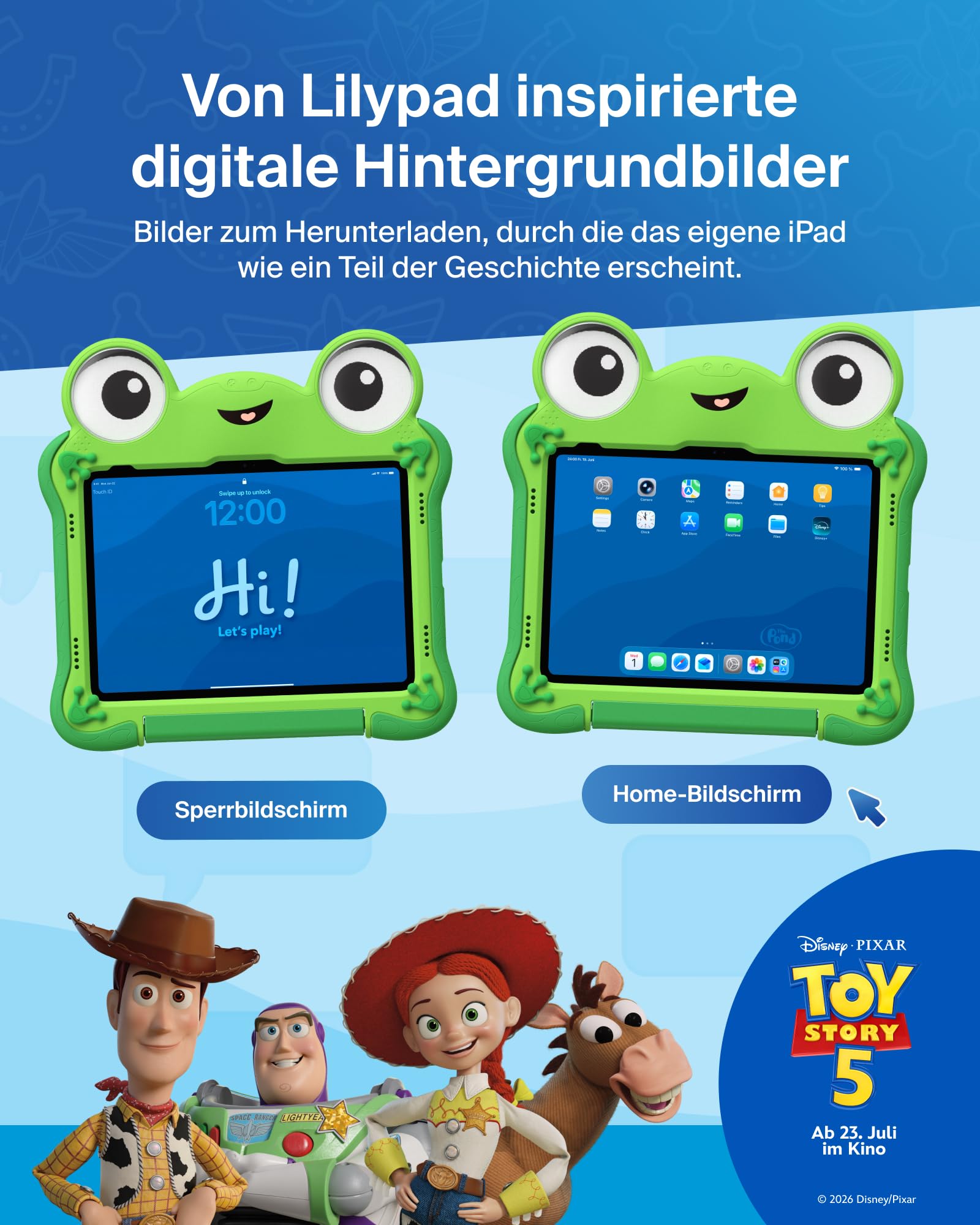 Belkin Disney und Pixar iPad A16 Hülle inspiriert von Lilypad aus Toy Story 5 (11. Generation 2025, 11" / 10. Generation 2022, 10,9"), Stoßfest, Robust, Ungiftig, Tablethülle mit Ständer und Griff
