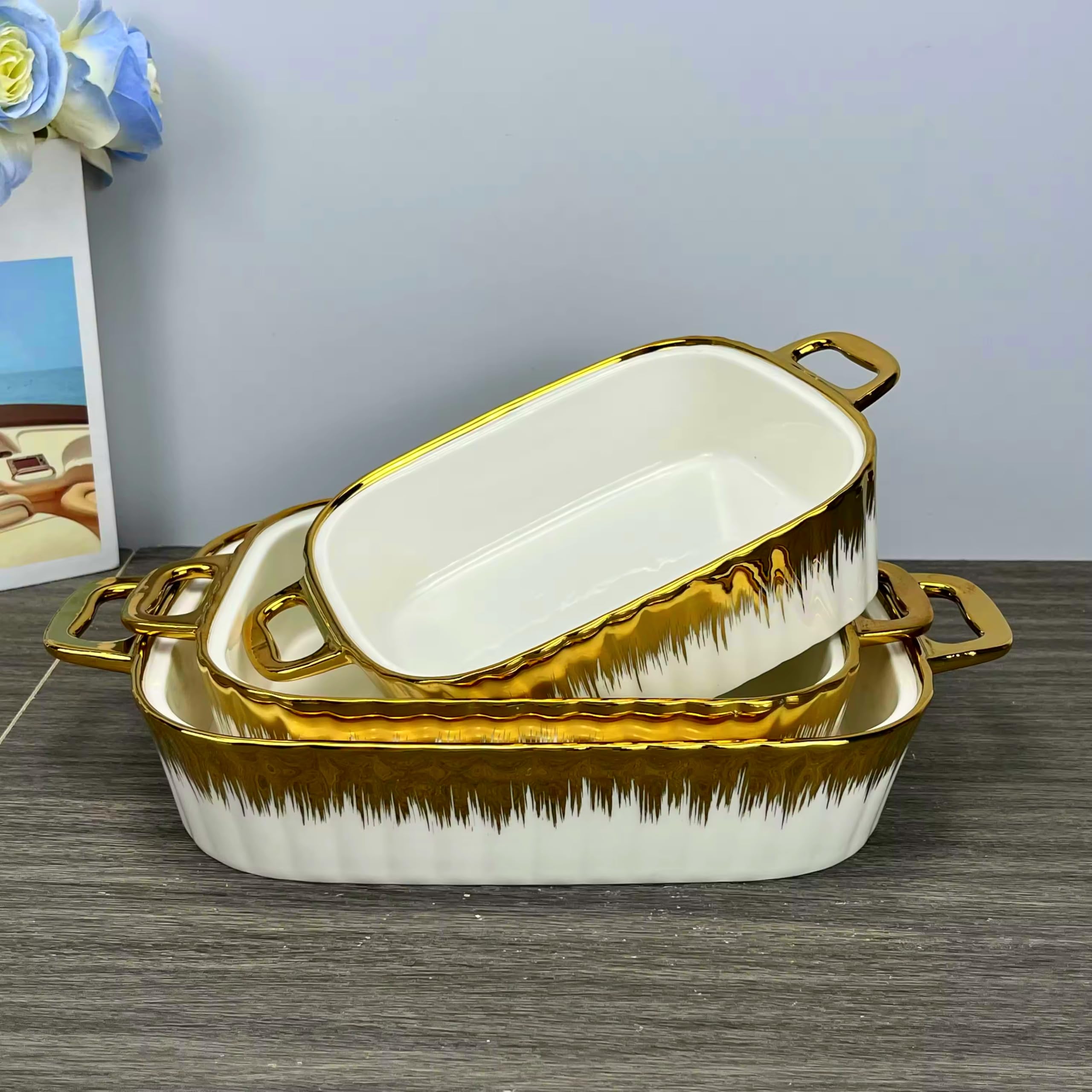 3 Piece Set Ceramic Casserole Dish with Glass Lid and Rack, 1.6/1.9/2.4 Quart Serving Soup Tureen,Chafing Dish for Buffet, Family Food preserve Tray, Catering Casserole for Party Style,Golden