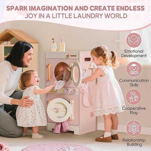 Miniatura 6 de ROBOTIME Kids Washer and Dryer Playset – Wooden Laundry Pretend Play Set with Ironing, Color Beads Drum, Toy Washing Machine & Dryer Set for