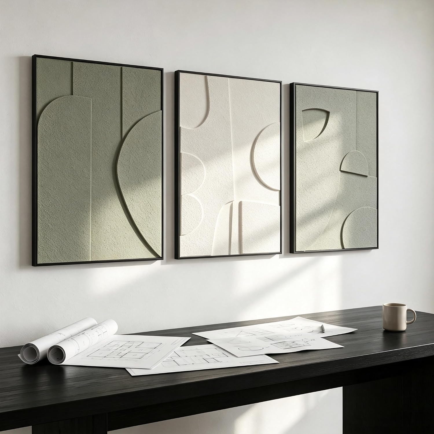AMAATE 3Pcs 3D Sandstone Wall Art Black Frame Minimal Abstract Relief Decor