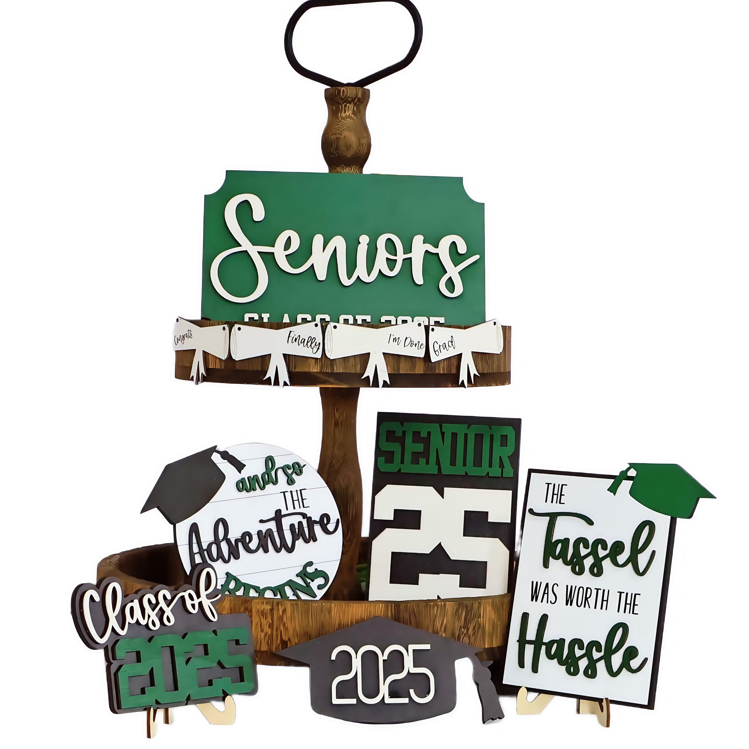 Photo 1 of 2025 Graduation Decorations - 6 Pieces Wooden Sign Tiered Tray Centerpiece with Stand | Class of 2025 Grad Party Table Decor | Senior 2025 Graduation Theme Decorations (NOT Include Tiered Tray)