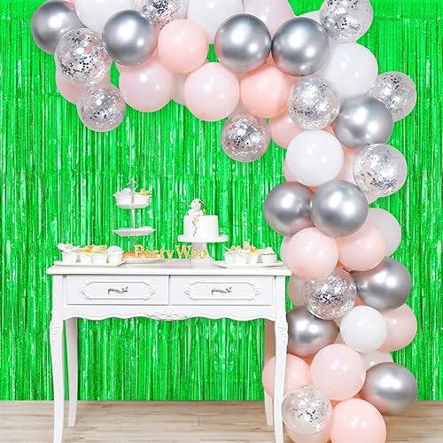 Miniatura 5 de Cortina de fondo verde para decoración de fiesta, paquete de 2 cortinas de flecos de papel de aluminio de oropel para fiesta, 3.28 x 8 pies,