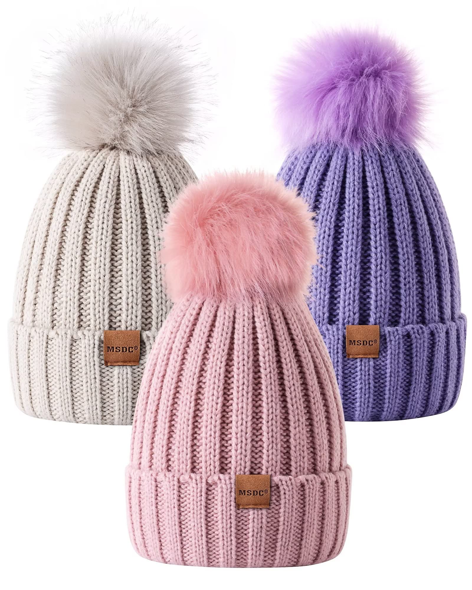 Gorro para mujer con pompón, paquete de 3, sombreros de invierno para mujer, gorro de calavera cálido de punto a la moda, gorro para mujer para clima frío, Avena+rosa+púrpura