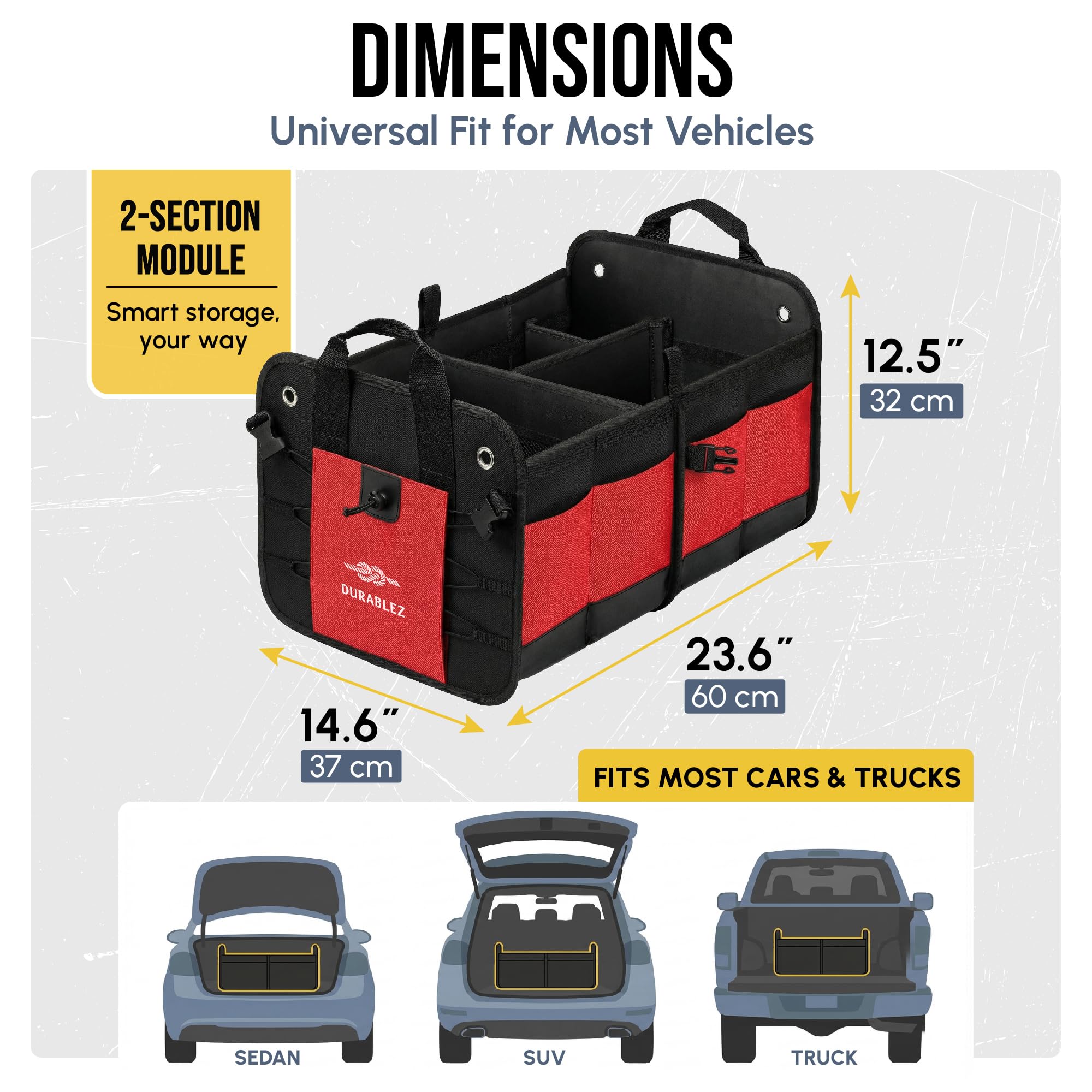 Durabenz Organiseur de coffre avec filet de protection, coussinets antidérapants amovibles et crochets en acier inoxydable, rouge/noir