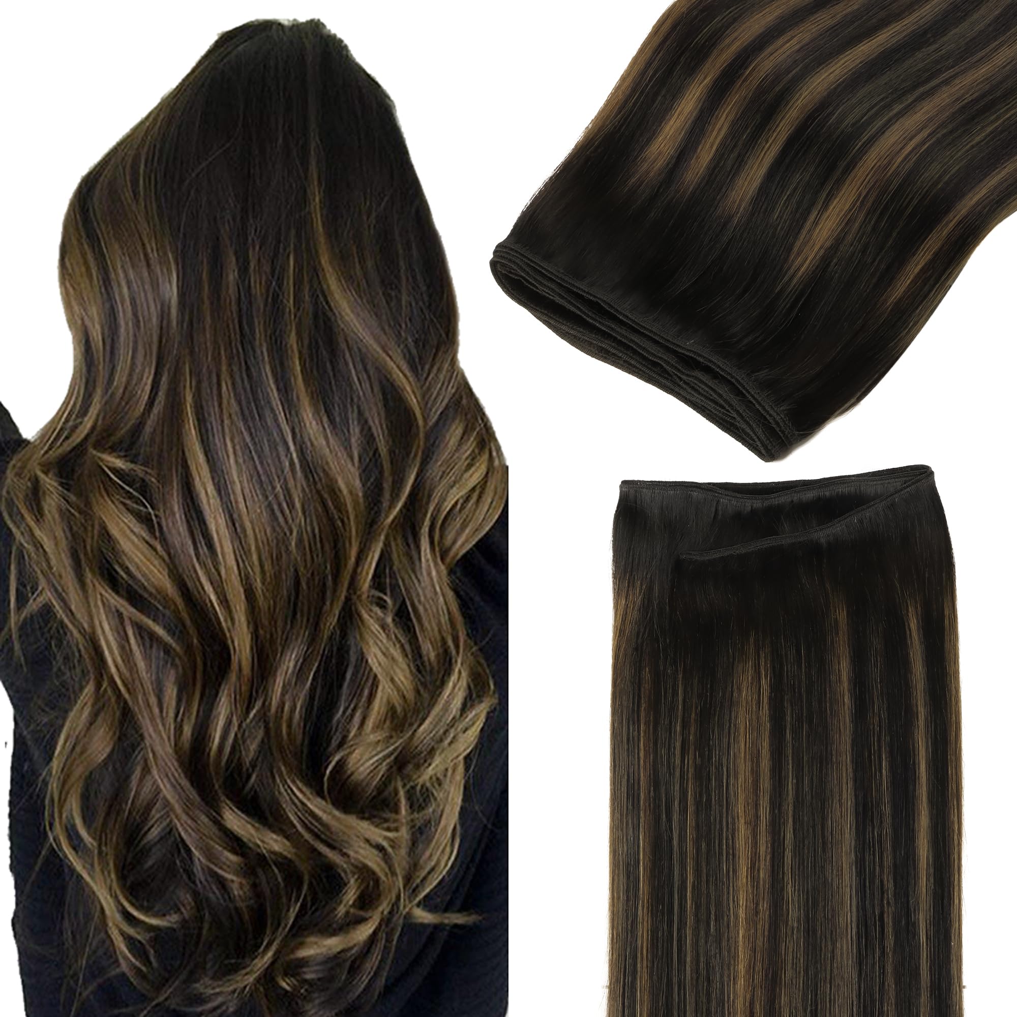 GOO GOO Sew in Hair Extensions Real Human Hair, Weft Hair Extensions Human Hair, 1B/6/1B Balayage Natural Black to Chestnut Brown 18inch 100g, Weft