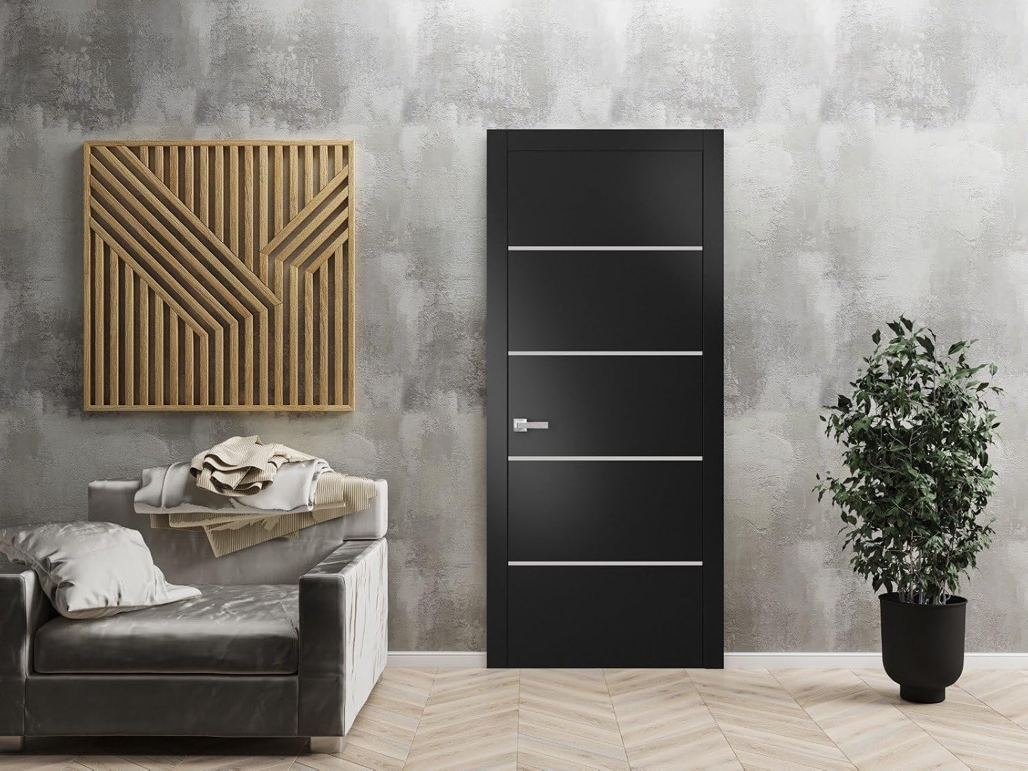 Modern Solid Interior Pre-Hung Door with Handle | Planum 0210 Black Matte | Single Regural Panel Frame Trims | Bathroom Bedroom Sturdy Doors-24" x 84"