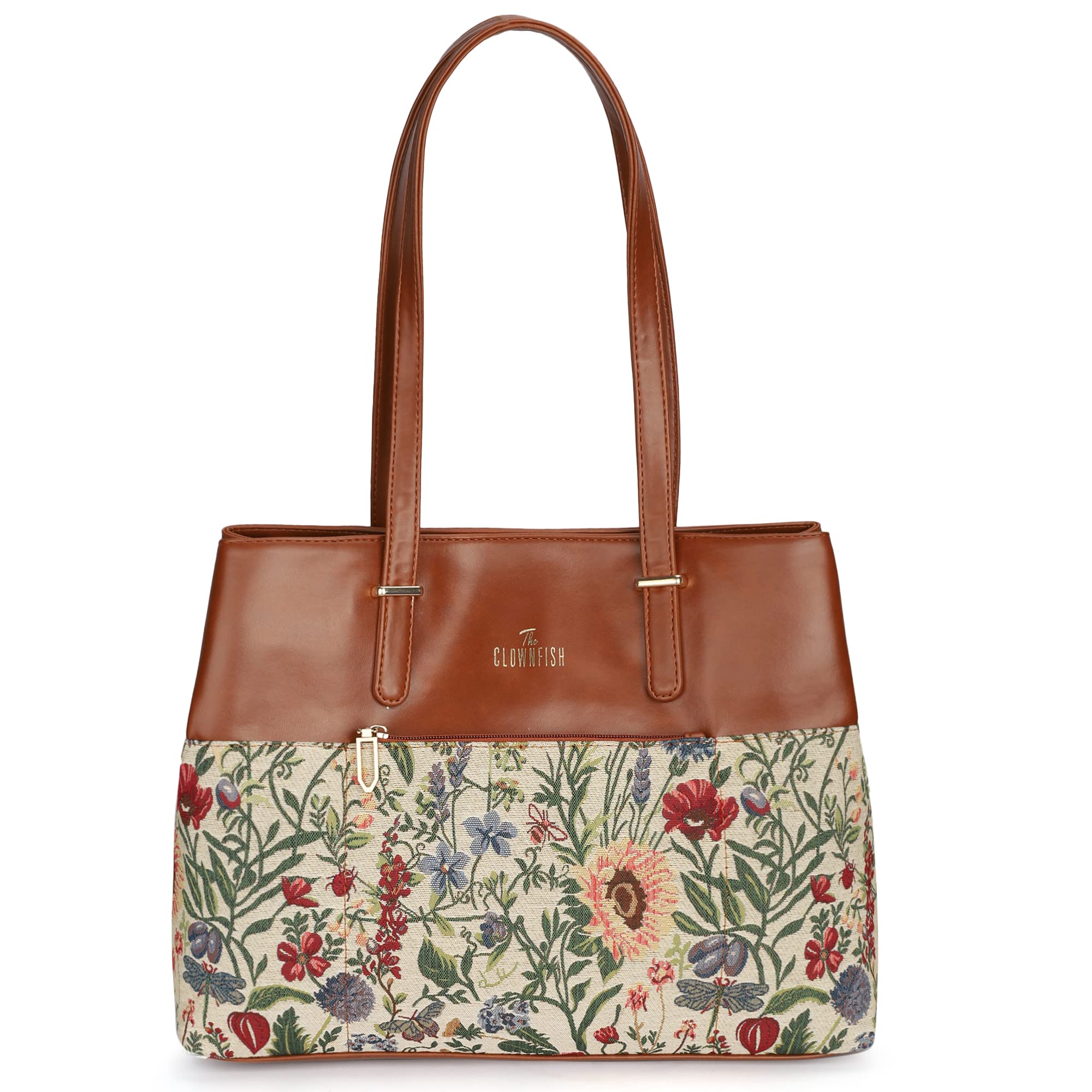 THE CLOWNFISH Tapestry & Faux Leather Handbag for Women Office Bag Ladies Shoulder Bag Tote for Women College Girls
