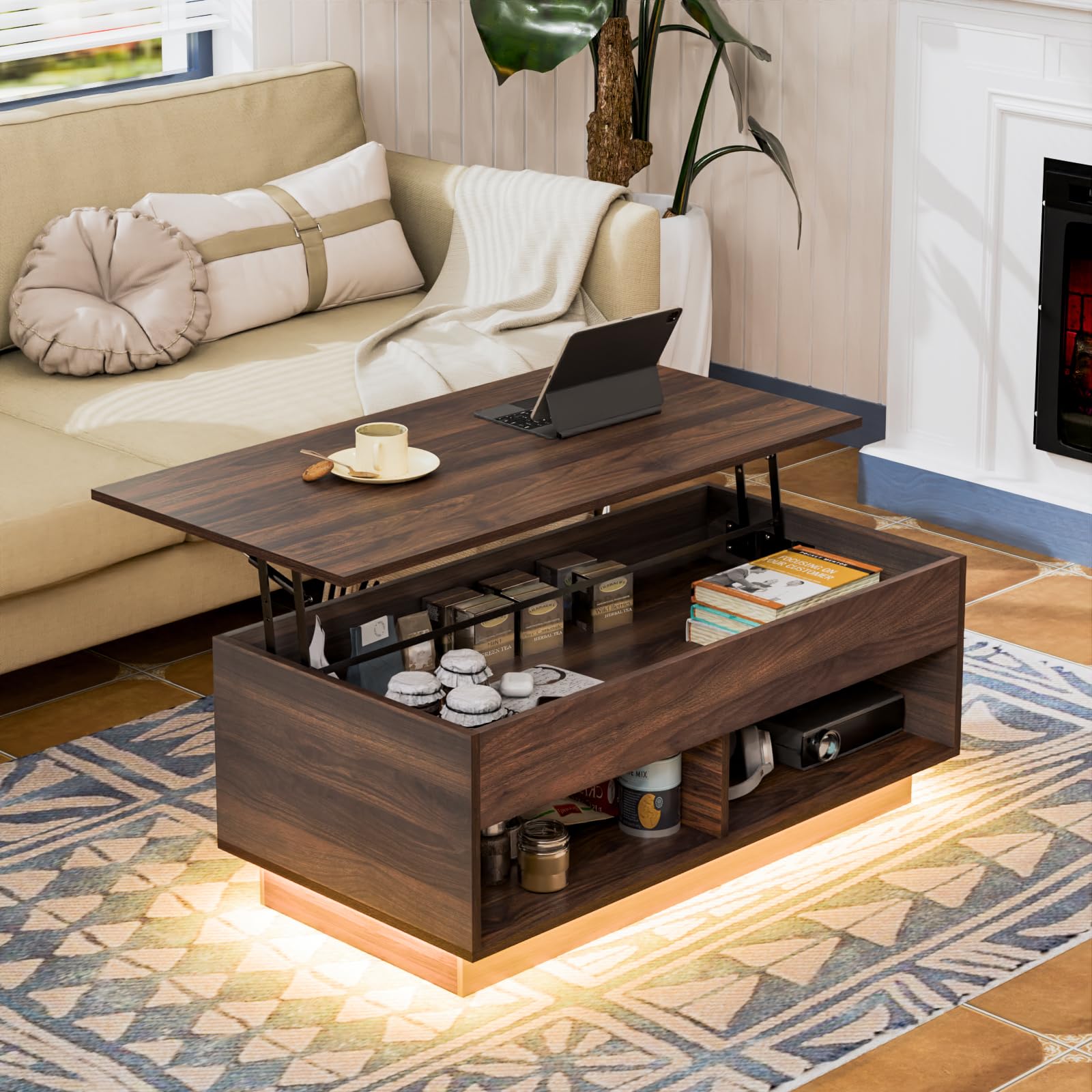 Photo 1 of HOMMPA Lift Top Coffee Table with Hidden Storage LED Coffee Table Dark Walnut Living Room 3 Tiers Tea Table with Storage Center Tables Hidden Compartment & 2 Open Shelves