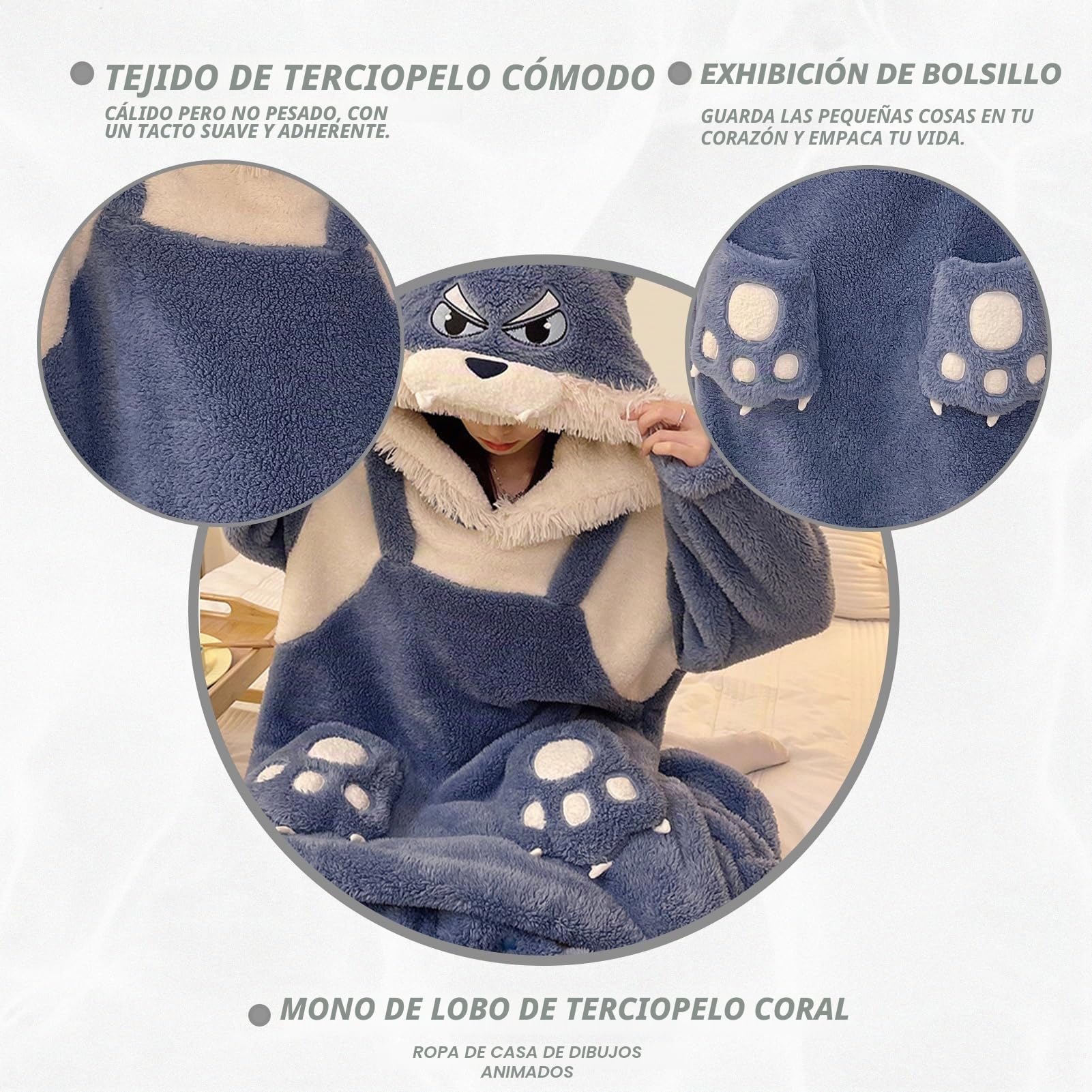 Pijama de forro polar para mujer, pijama de una pieza con capucha de franela cálida y esponjosa, azul, L