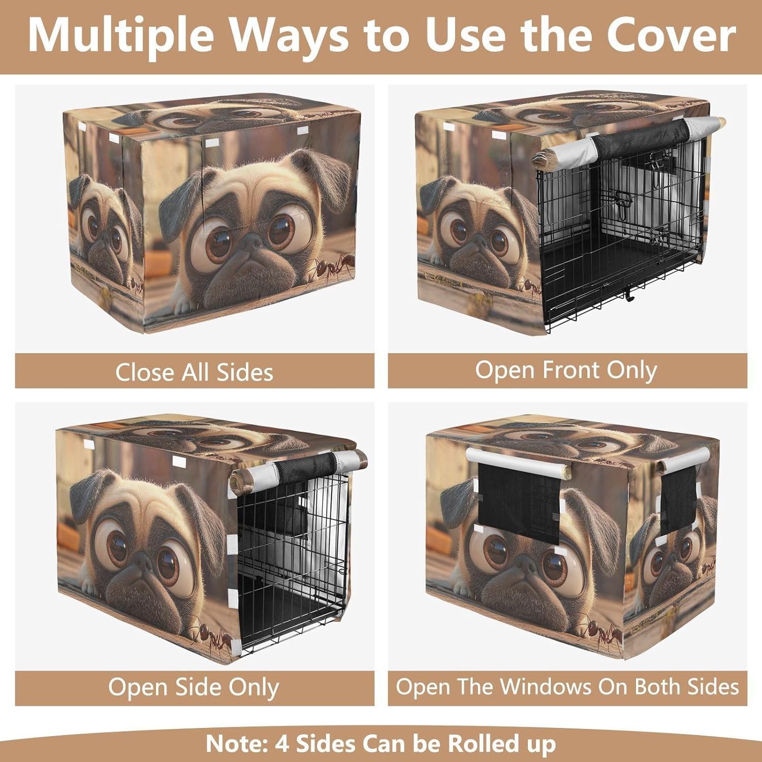 Cute Pug Dog with Big Eyes Dog Crate Cover Roll-up Side Panels, Cage Cover for Puppies Training, X-Large