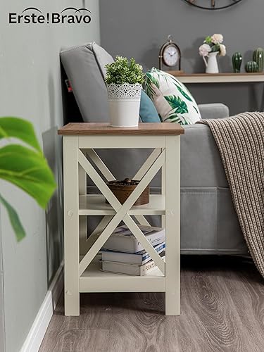Miniatura 5 de Mesas auxiliares para sala de estar, juego de 2 mesas auxiliares pequeñas de 3 niveles con aspecto de madera moderna con almacenamiento rústico para
