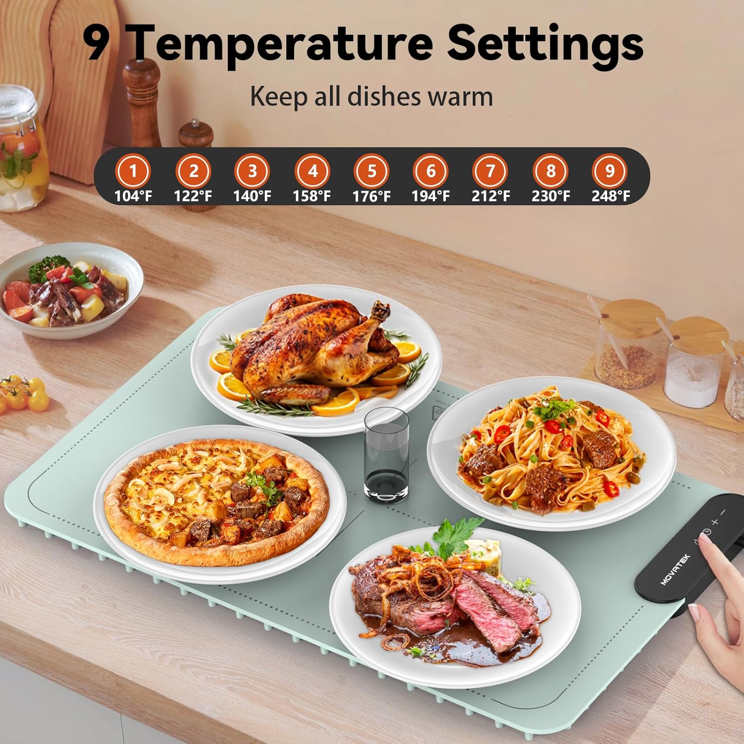 Electric Food Warming Mat with 9 Temperature Settings, Quick Heating Pad, Auto-Off Timer, Portable Silicone Food Warmer for Parties and Buffets Green