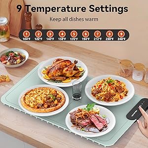 Electric Food Warming Mat with 9 Temperature Settings, Quick Heating Pad, Auto-Off Timer, Portable Silicone Food Warmer for Parties and Buffets