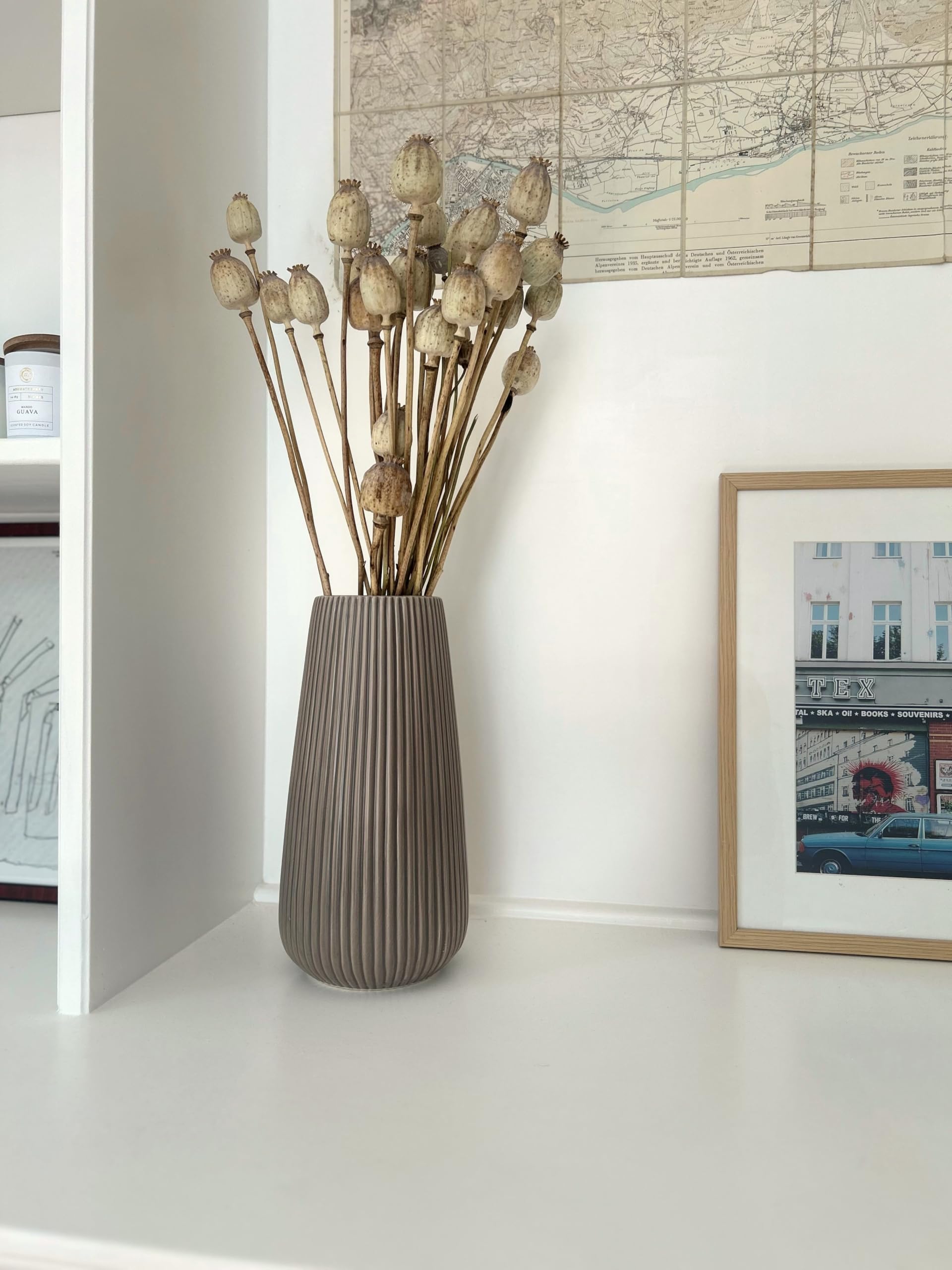 Trockenblumen Feldstrauß Mohnblumen – Handgebundener Trockenblumenstrauß – mit wunderschöner Vase VIO – Tolle Blumen Strauß Dekoration, ewig haltbar Blumenliebhaber