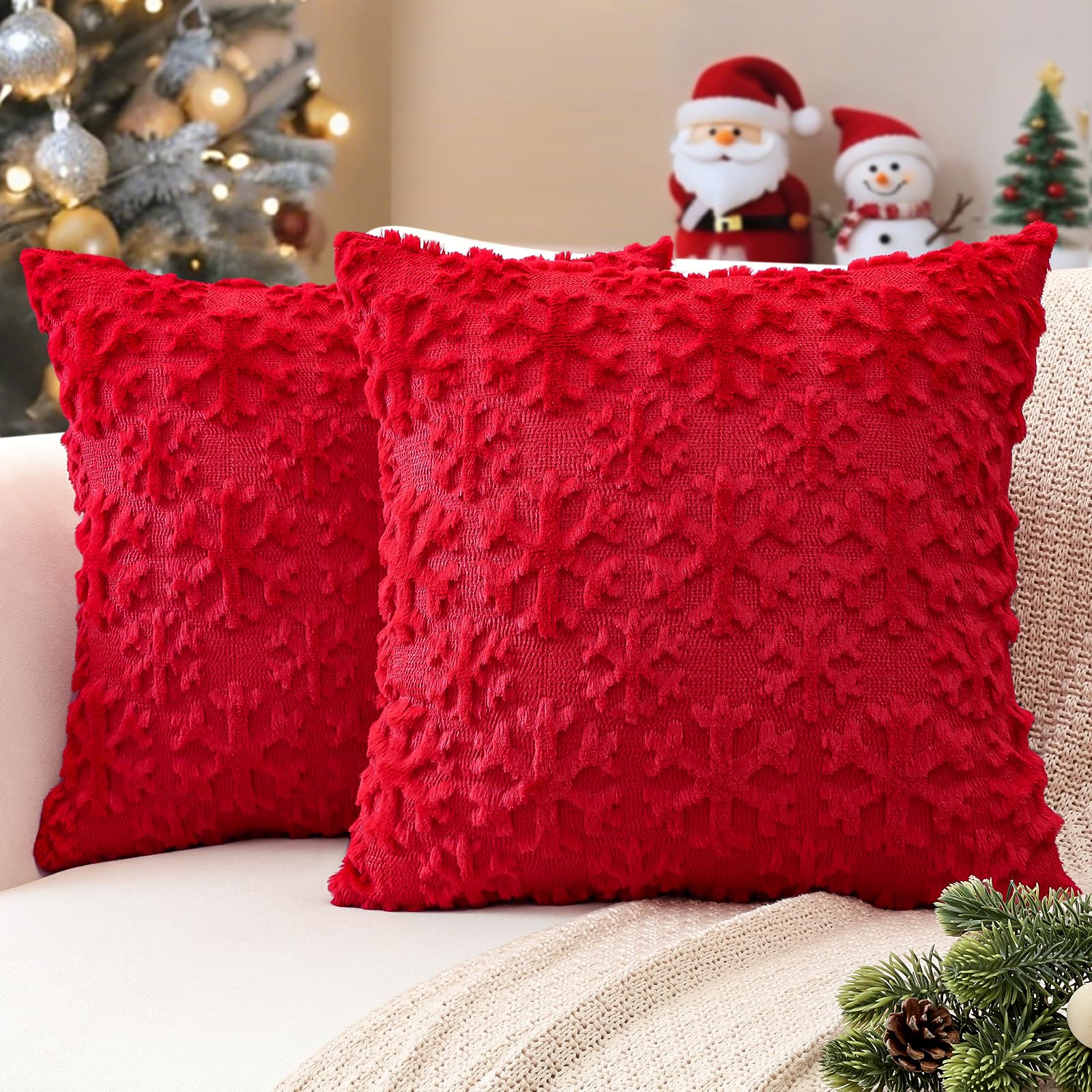 JOTOM Red Snowflake Winter Christmas Cushion Covers 45x45 cm Set of 2 Soft Plush Faux Fur Christmas Decorative Throw Pillow Covers Holiday Pillow Case for Home Bedroom Couch Sofa Decor (Red) — image 1