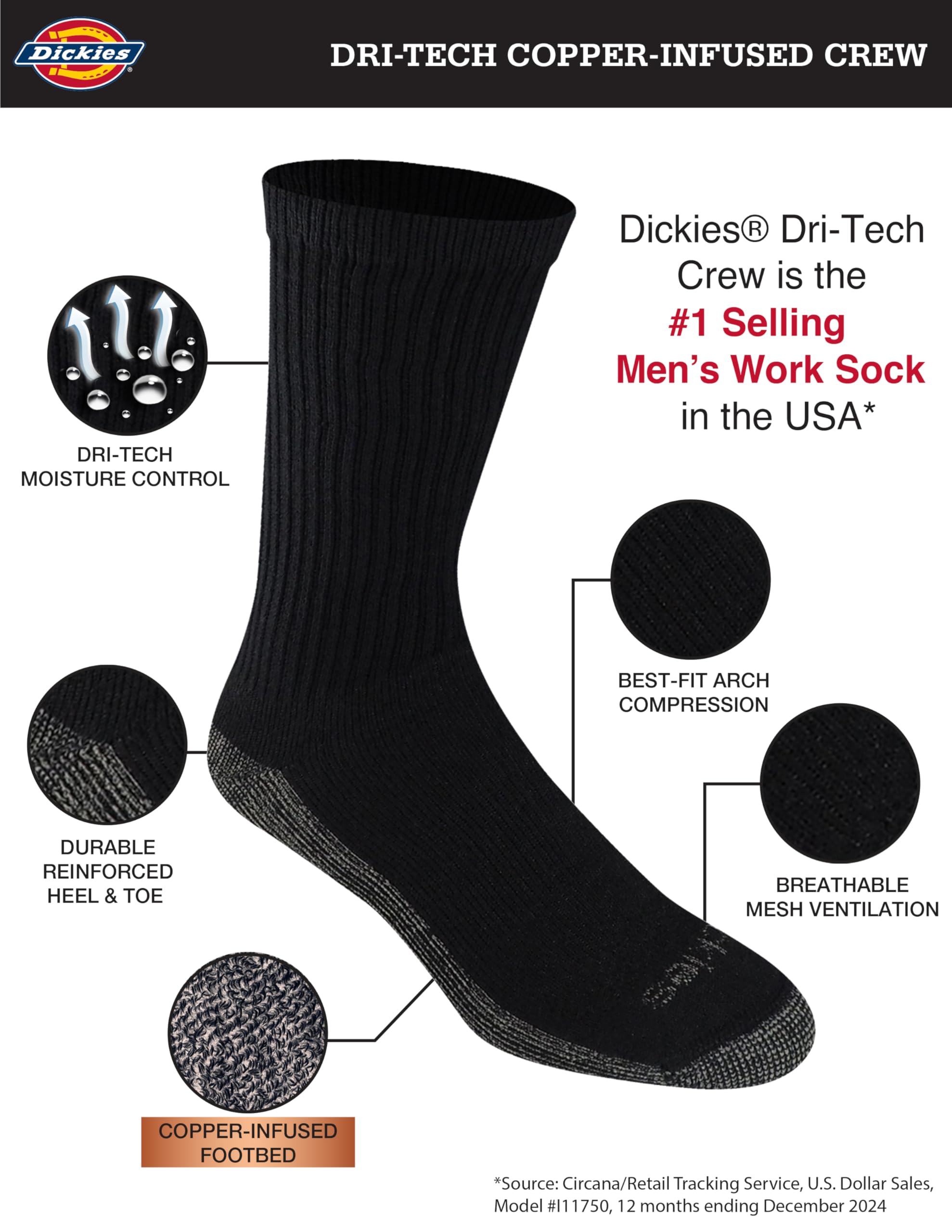 Dickies Men's Dri-Tech Original Moisture Control Crew Socks, Available in M-XXL (6, 12, 18 Pairs), Copper Black (6 Pairs), Large