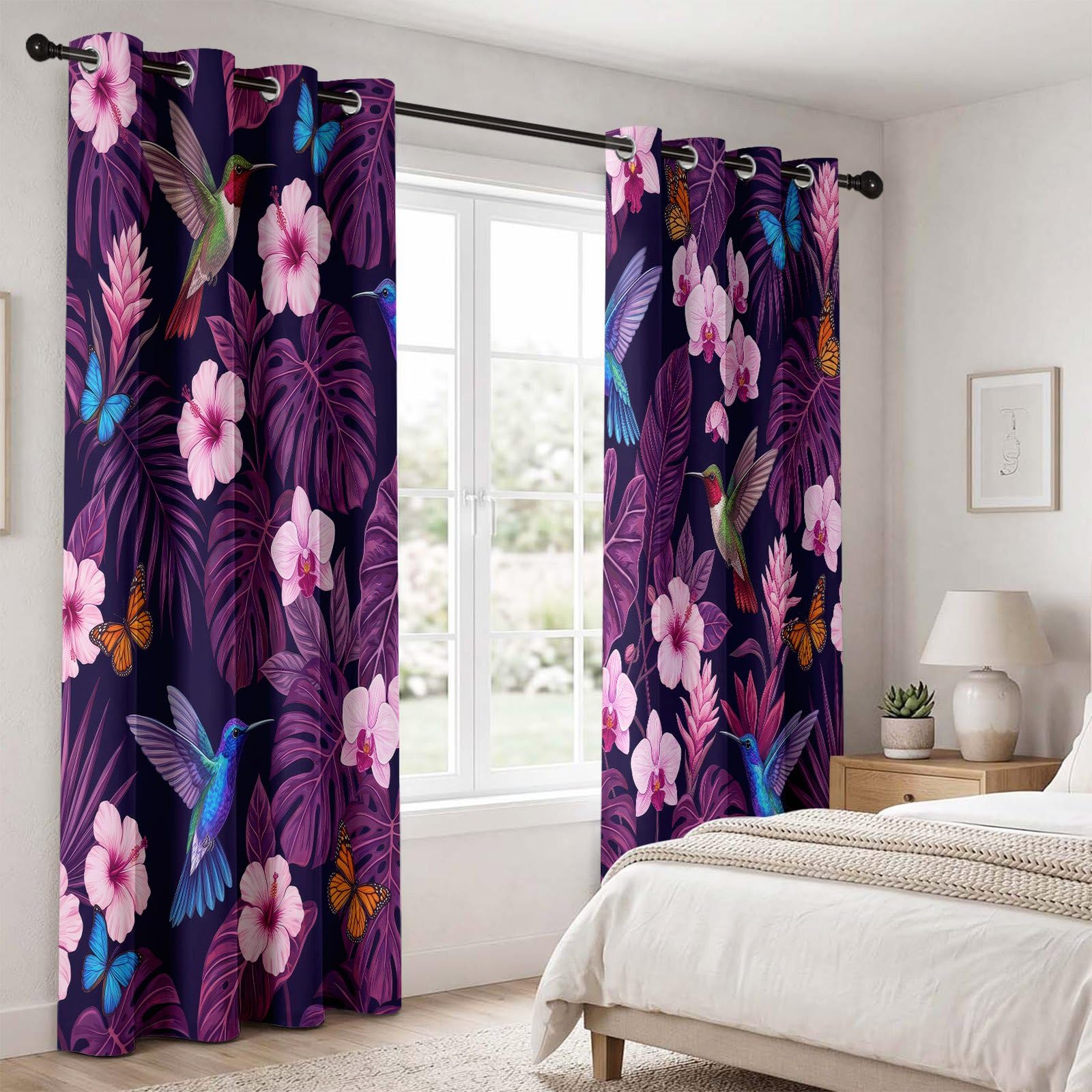 Blickdichte Vorhänge mit Ösen H 175 x B 140 cm (2er Pack) Tropisch Blumig Bedruckte Thermovorhänge Vorhänge - für Wohnzimmer Schlafzimmer, Voegel Schmetterlinge Orchideen Blaetter Verdunkelungsvorhang