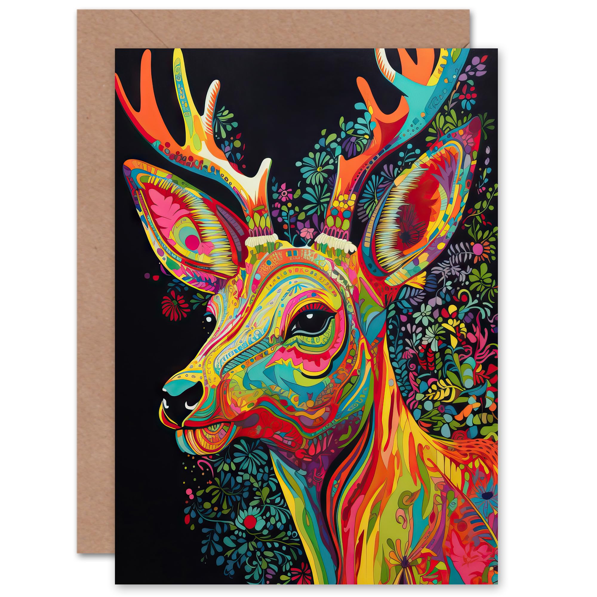 Reindeer Rainbow Floral Stag Vibrant Bold Bright Birthday Blank Greeting Card