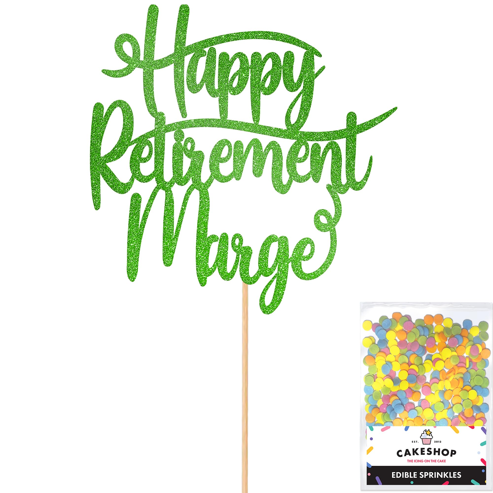 Cakeshop Personalised Happy Retirement Glitter Cake Topper With Sprinkles - Green Custom Colour - Any Name - Double-Sided Glitter Card Cake Decoration - Custom Toppers for Cakes